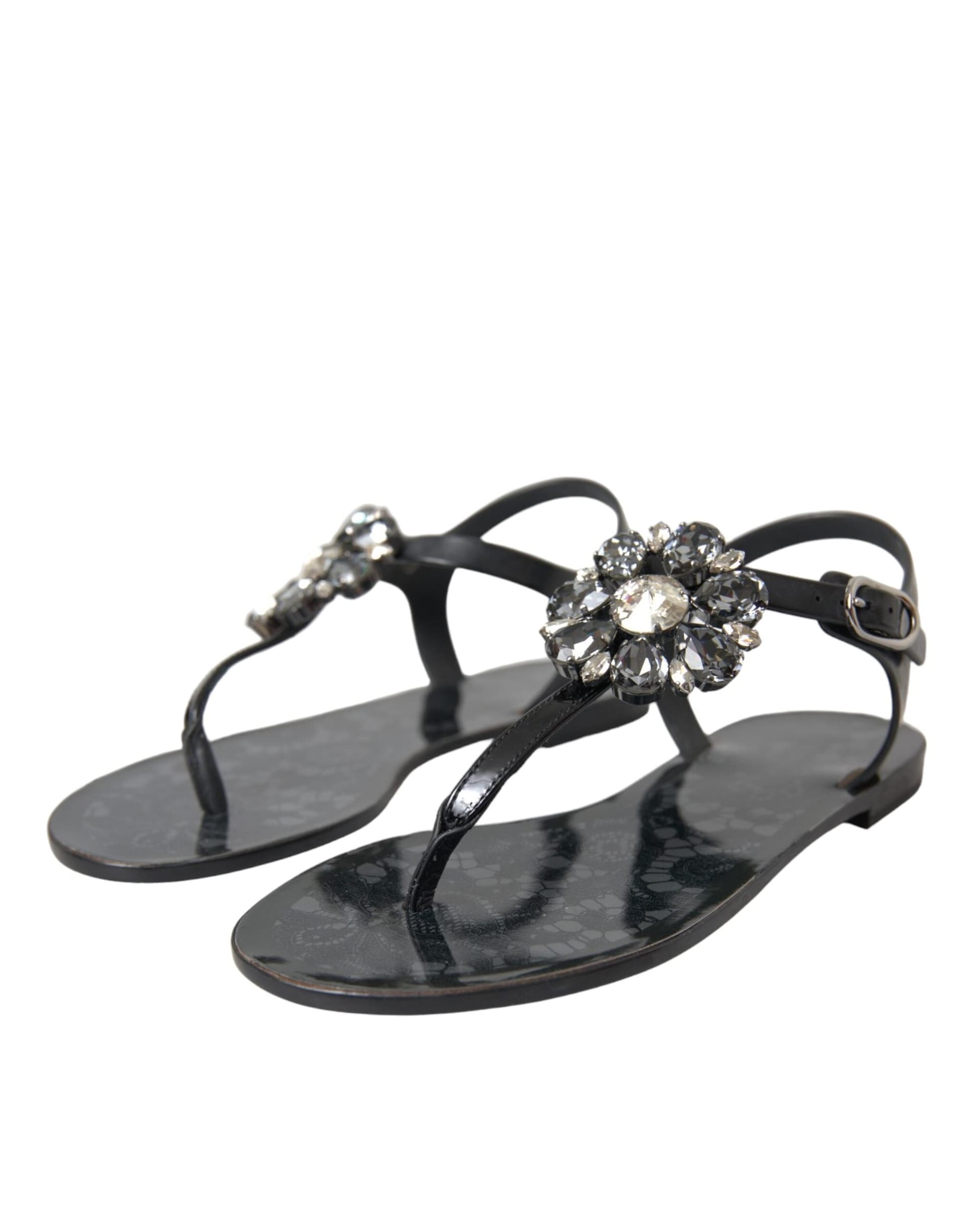 Dolce & Gabbana Black Crystal Flats Sandals Flip Flops Shoes - 2