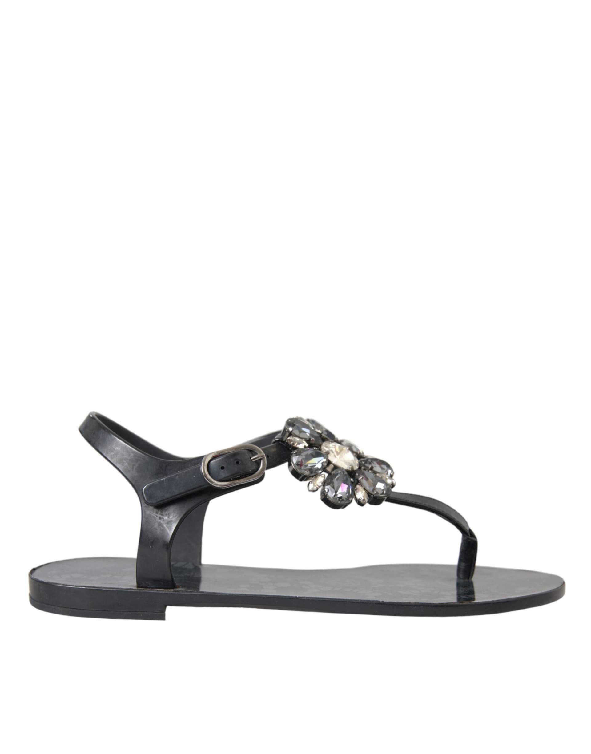 Dolce & Gabbana Black Crystal Flats Sandals Flip Flops Shoes - 5