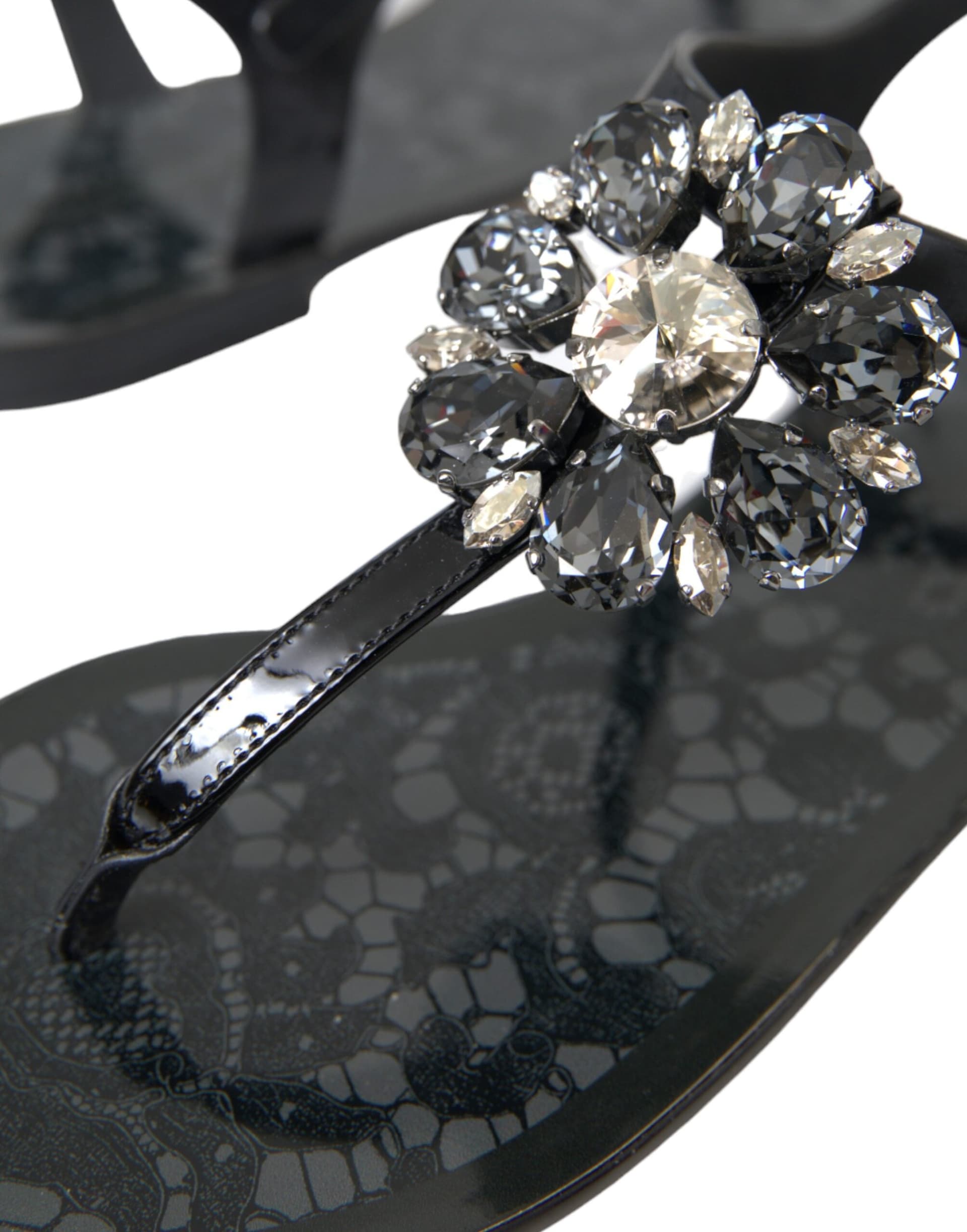 Dolce & Gabbana Black Crystal Flats Sandals Flip Flops Shoes - 7
