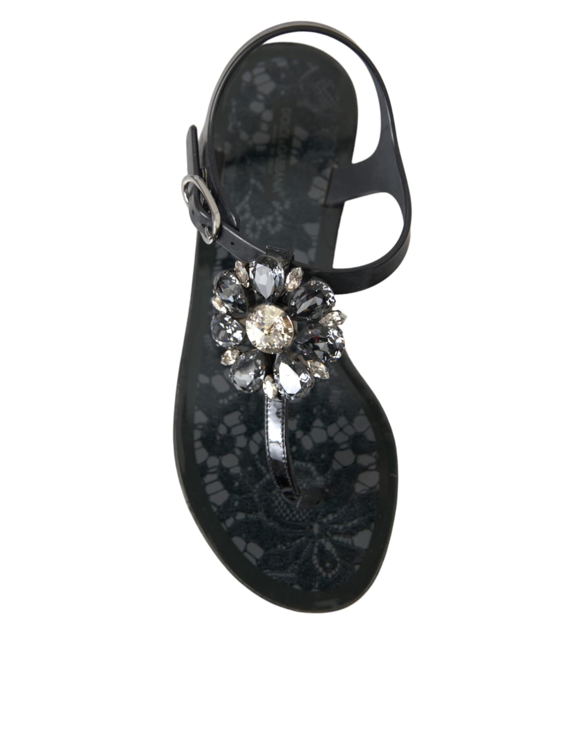 Dolce & Gabbana Black Crystal Flats Sandals Flip Flops Shoes - 8