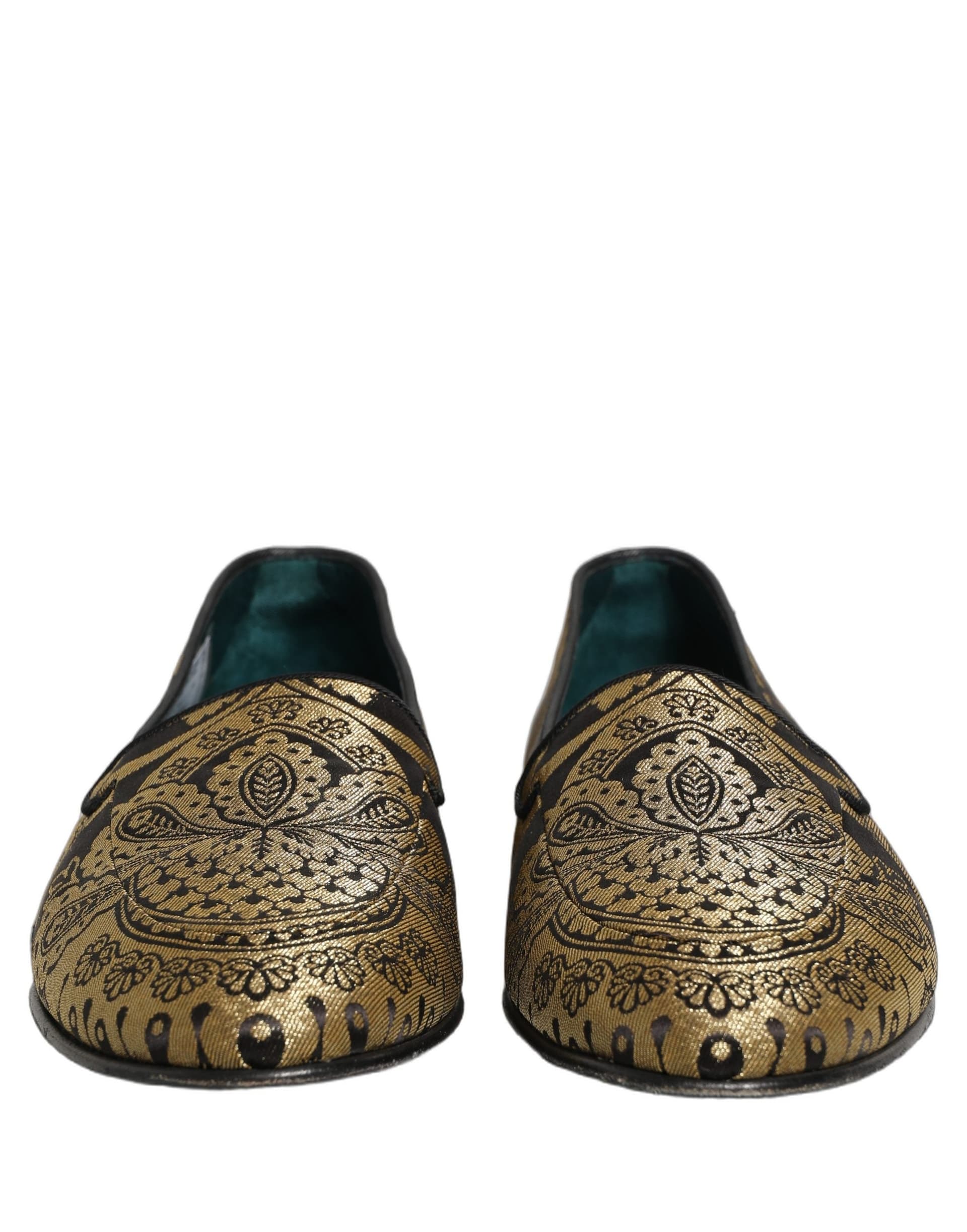 Dolce & Gabbana Gold Jacquard Leather Slip On Loafers Shoes - 2