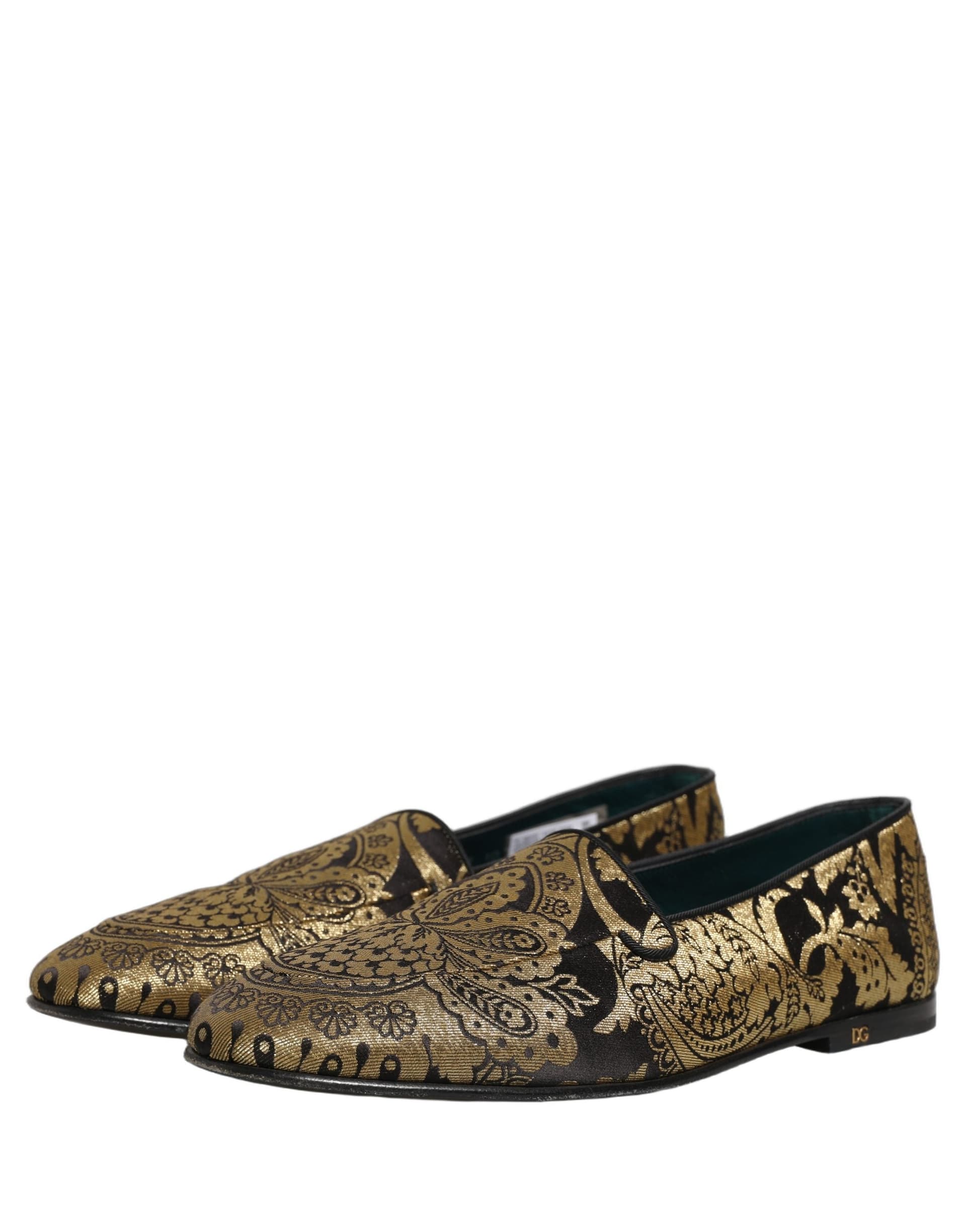 Dolce & Gabbana Gold Jacquard Leather Slip On Loafers Shoes - 4