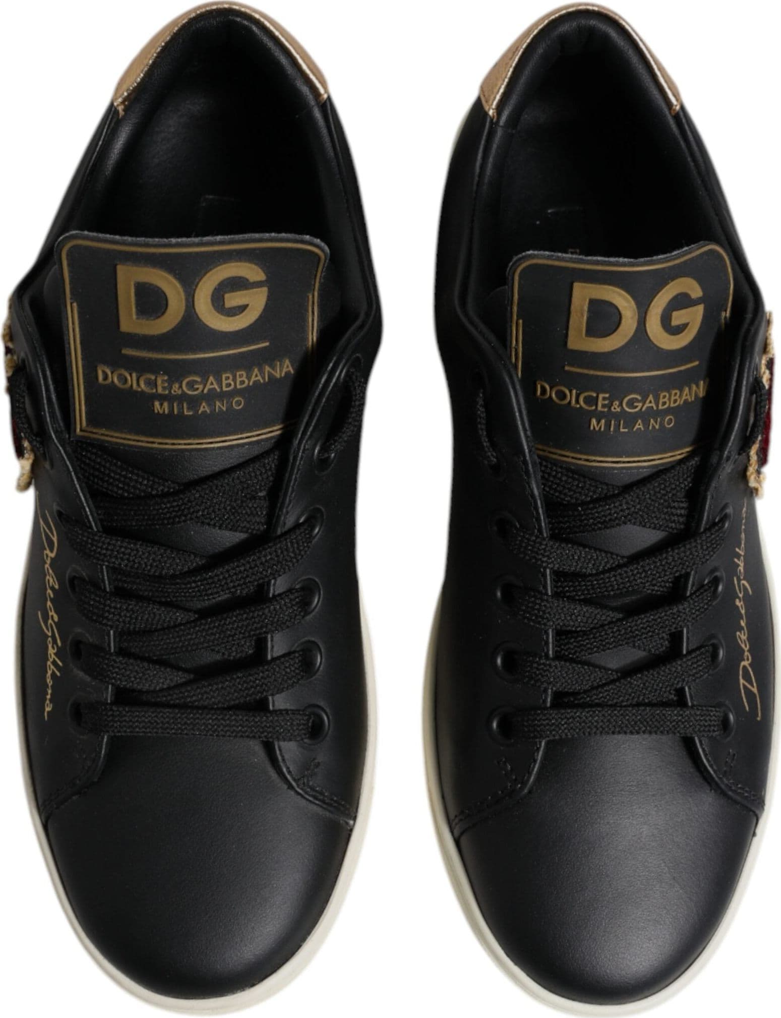 Dolce & Gabbana Black Leather Gold Red Heart Sneakers Shoes - 2