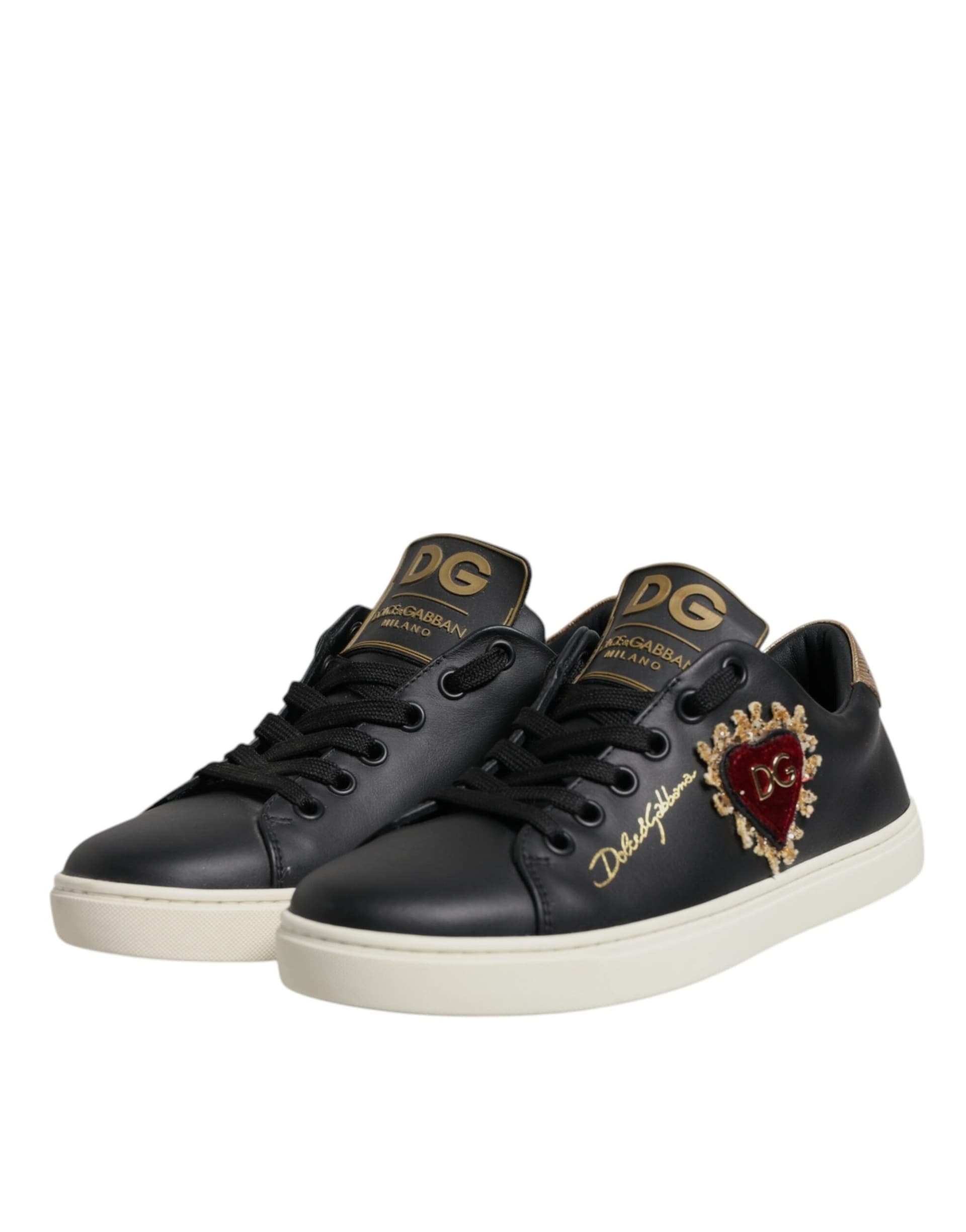 Dolce & Gabbana Black Leather Gold Red Heart Sneakers Shoes - 3
