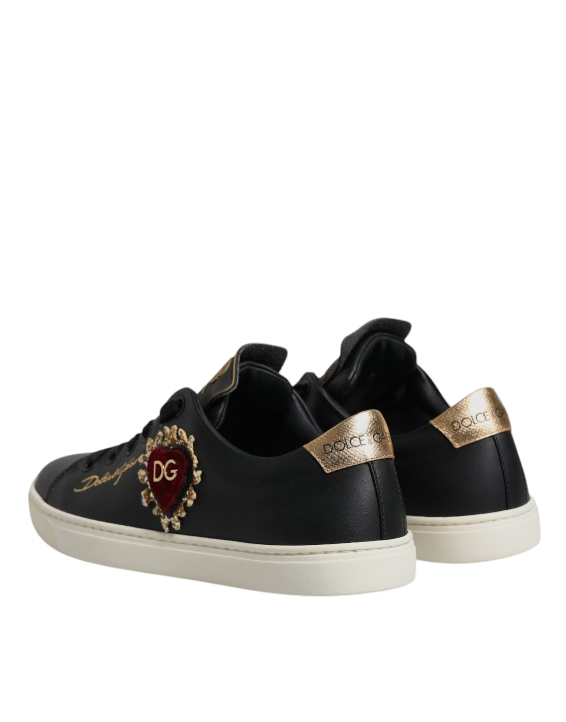 Dolce & Gabbana Black Leather Gold Red Heart Sneakers Shoes - 4