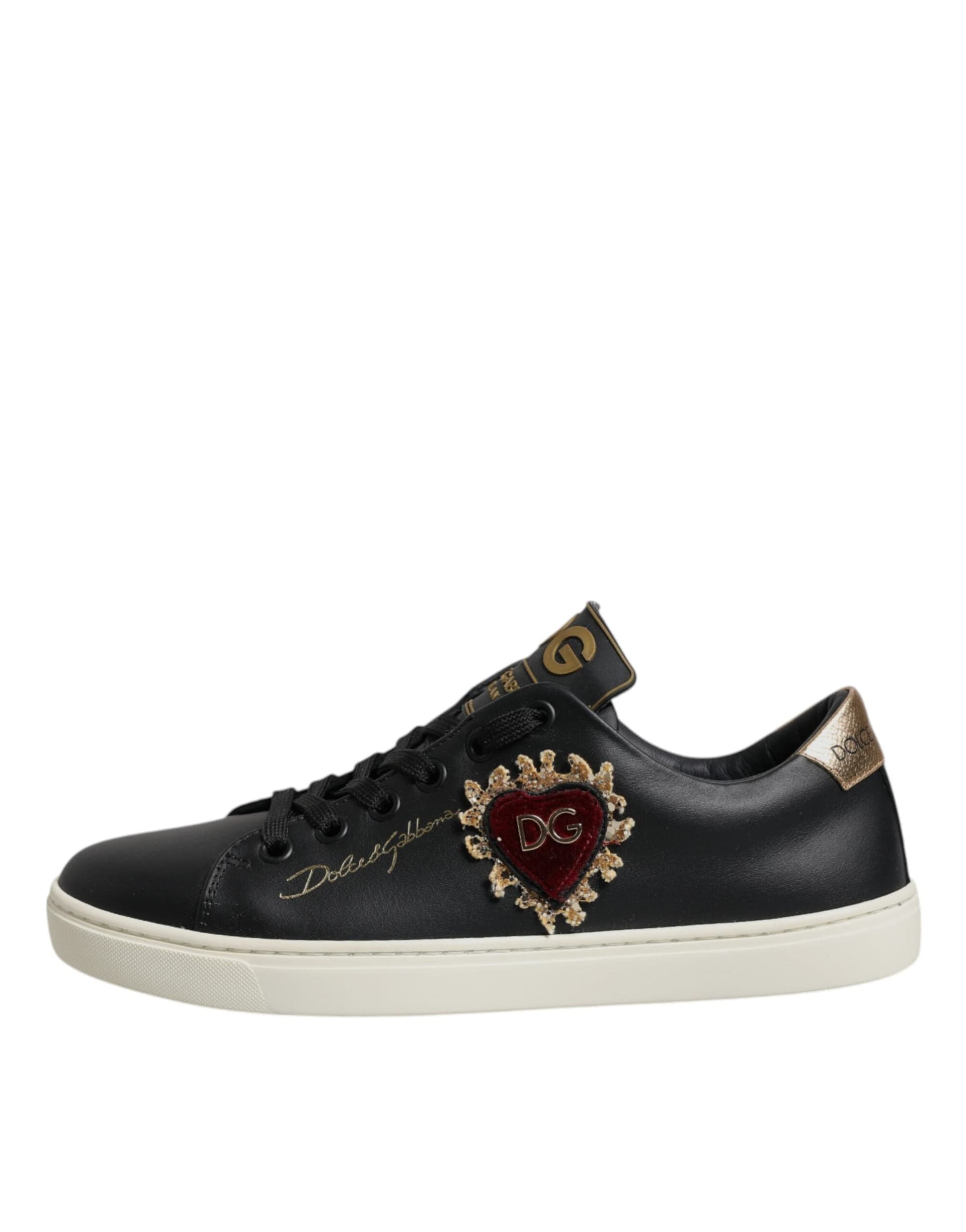 Dolce & Gabbana Black Leather Gold Red Heart Sneakers Shoes - 5