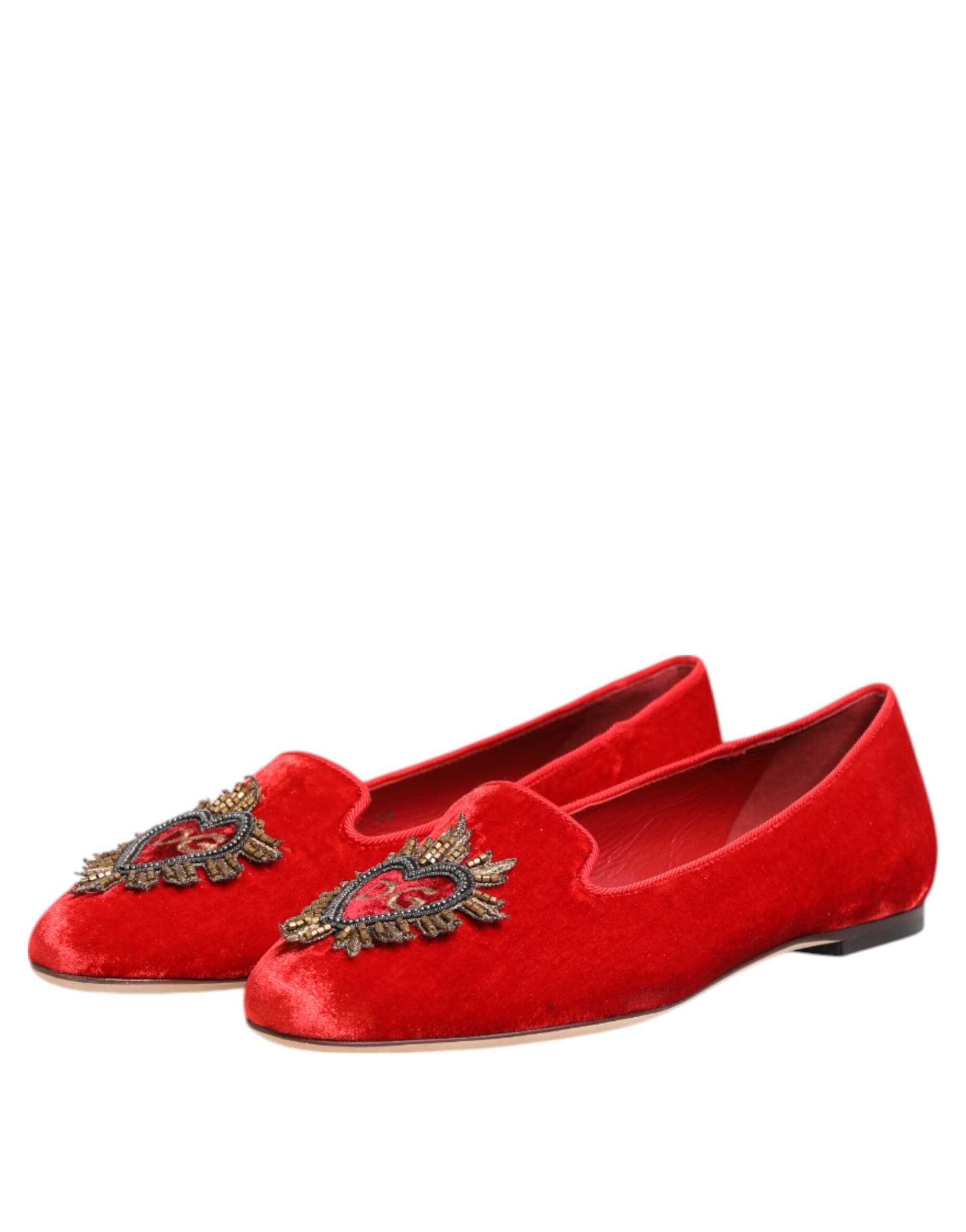 Dolce & Gabbana Red Velvet DG Heart Loafers Flat Shoes - 3