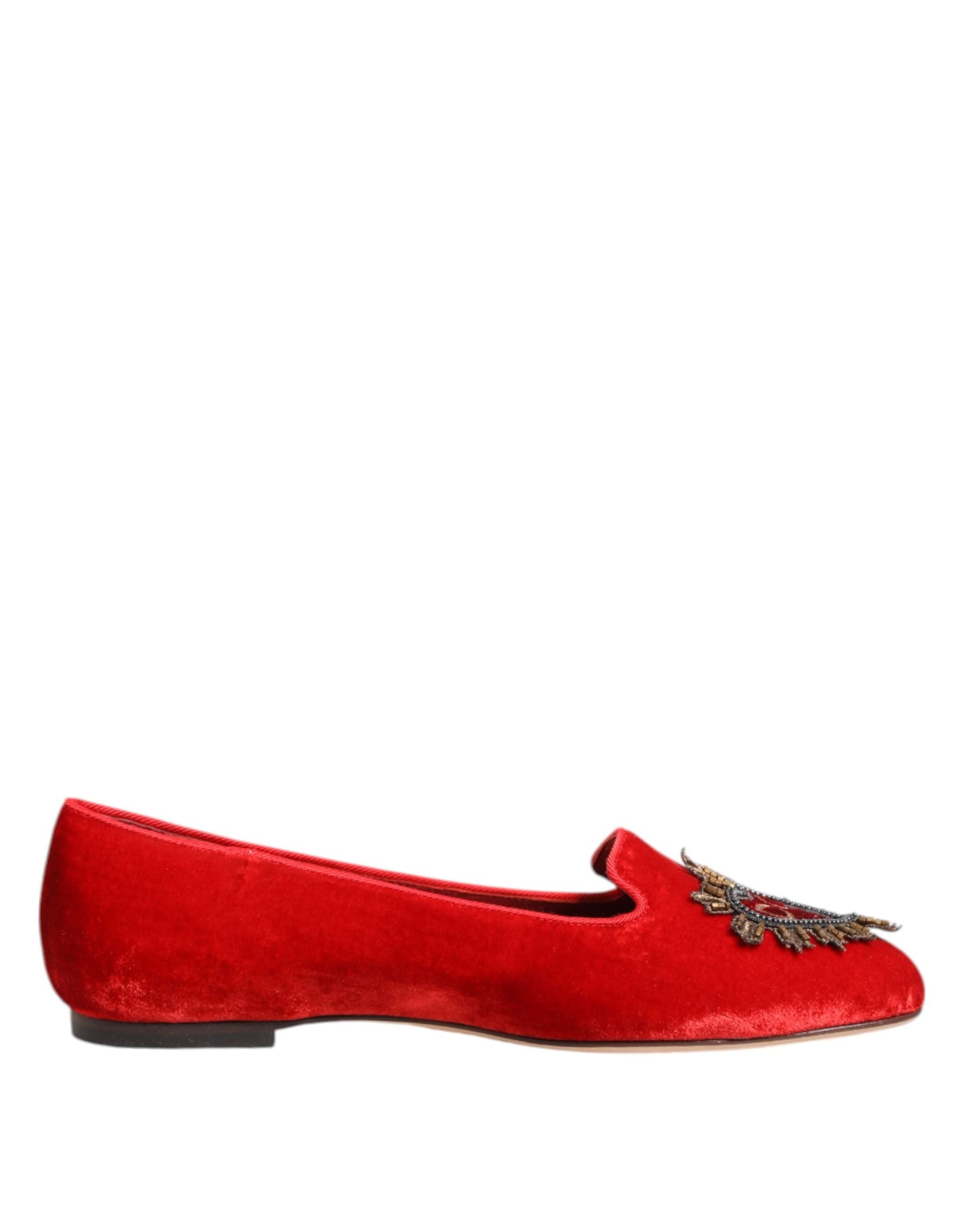 Dolce & Gabbana Red Velvet DG Heart Loafers Flat Shoes - 7