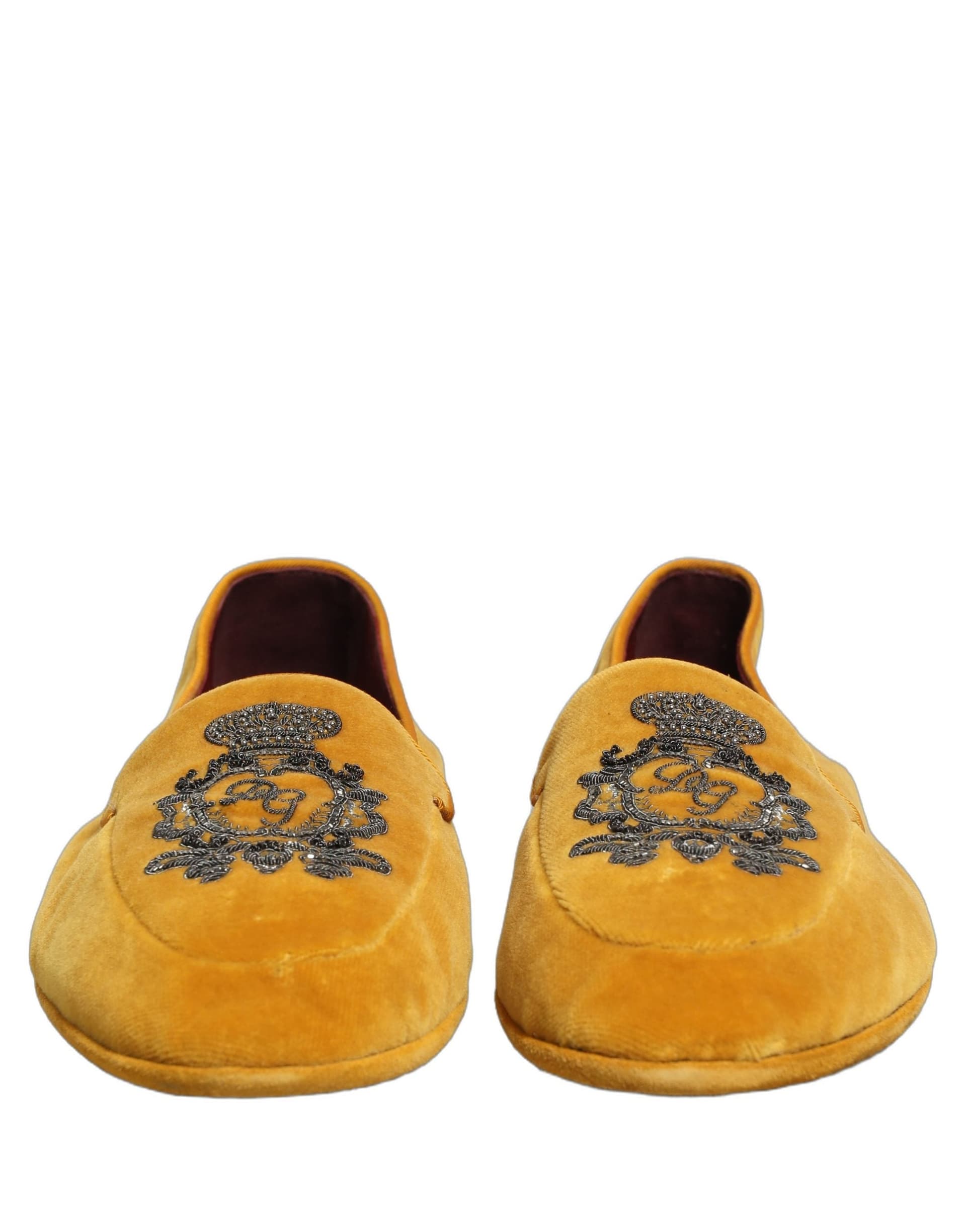 Dolce & Gabbana Yellow Velvet Crown Embroidery Loafers Shoes - 2