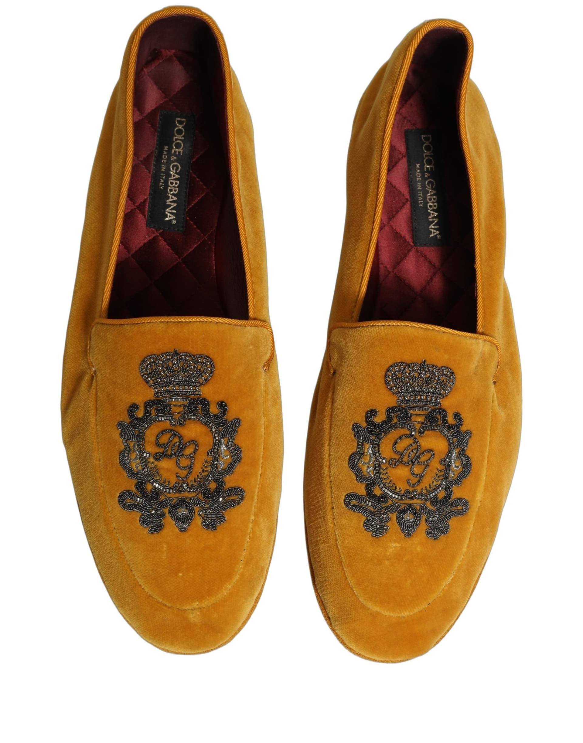 Dolce & Gabbana Yellow Velvet Crown Embroidery Loafers Shoes - 3