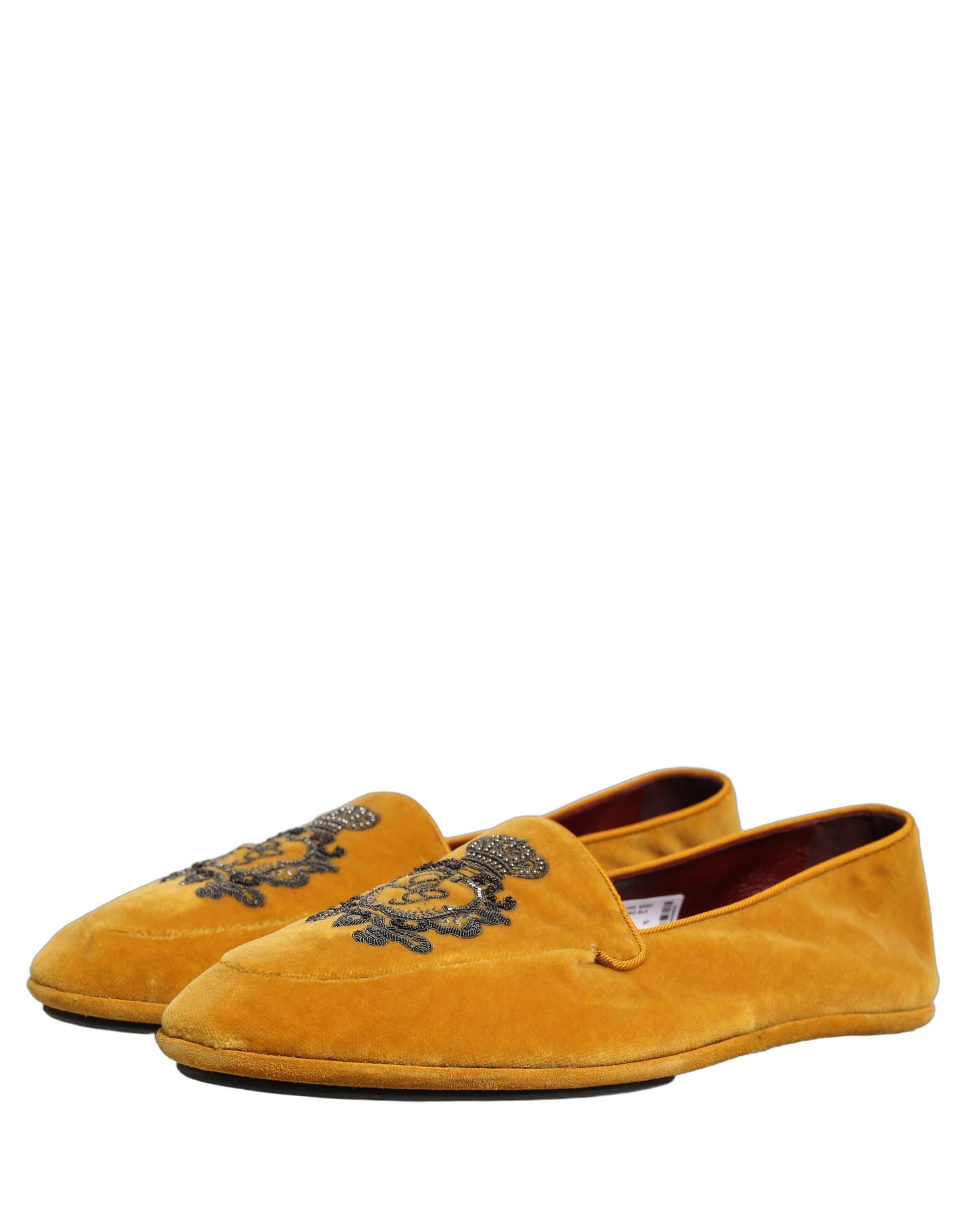 Dolce & Gabbana Yellow Velvet Crown Embroidery Loafers Shoes - 4