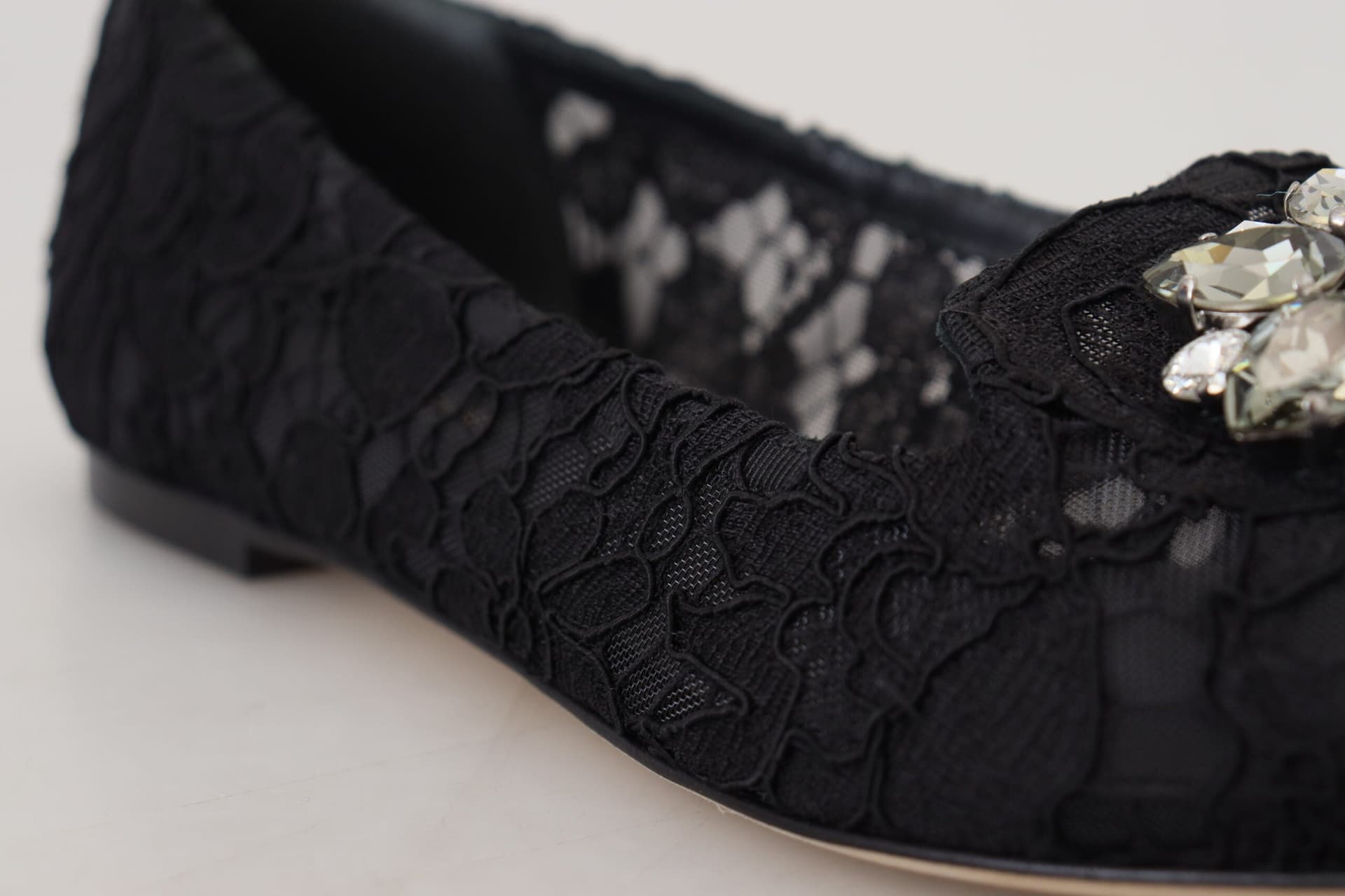 Dolce & Gabbana Black Taormina Lace Crystals Flats Shoes - 7