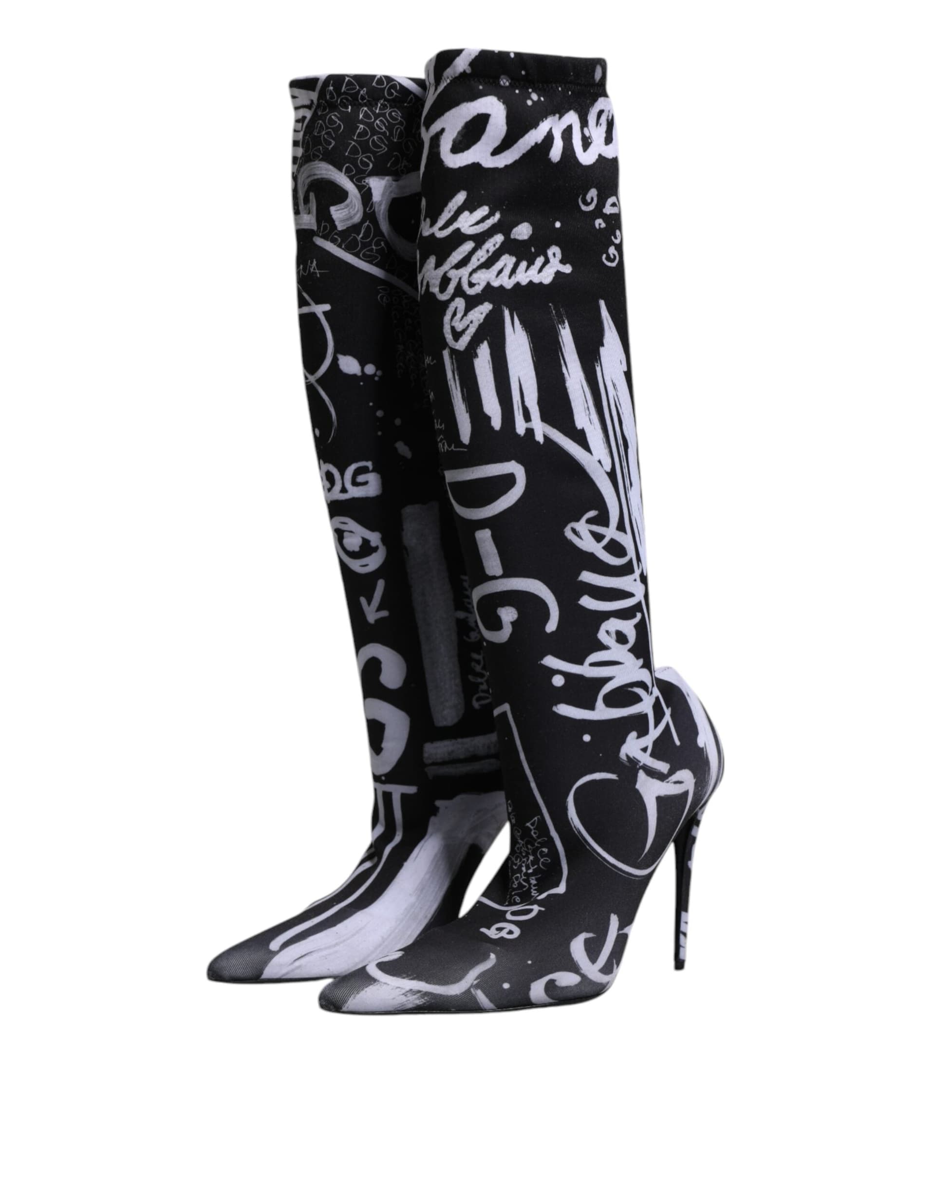 Dolce & Gabbana Black Logo Stretch Heels High Boots Shoes - 3