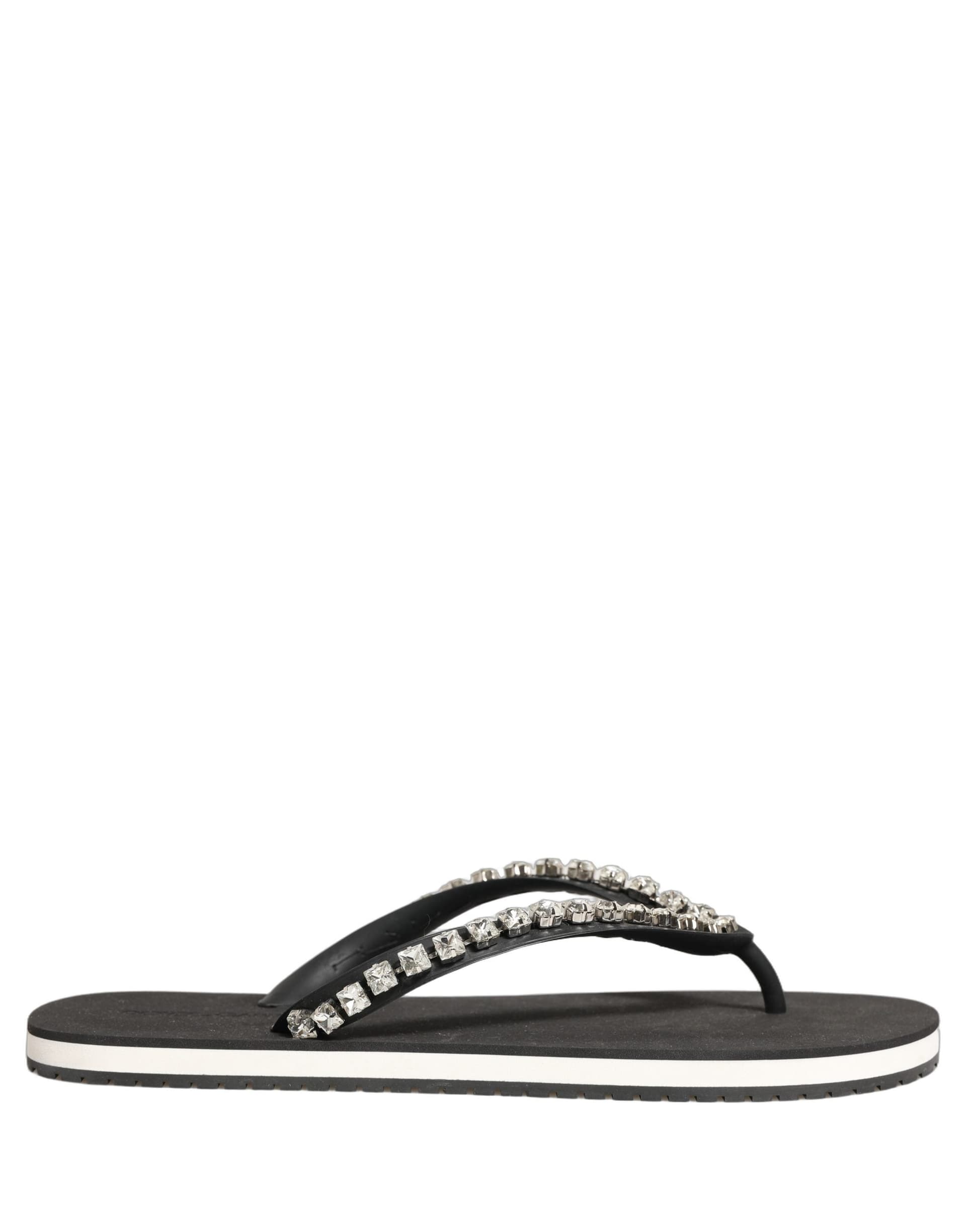 Dolce & Gabbana Black Embellished Rubber Flip Flops Men Shoes - 8