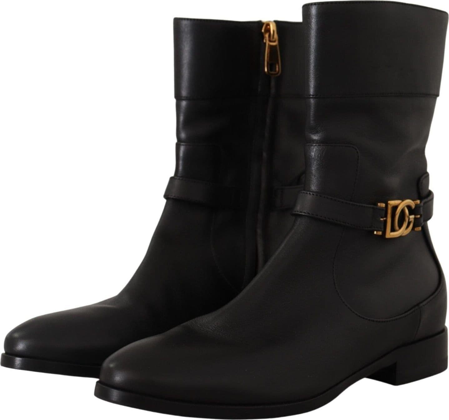 Dolce & Gabbana Black Leather Flats Logo Short Boots Shoes - 3