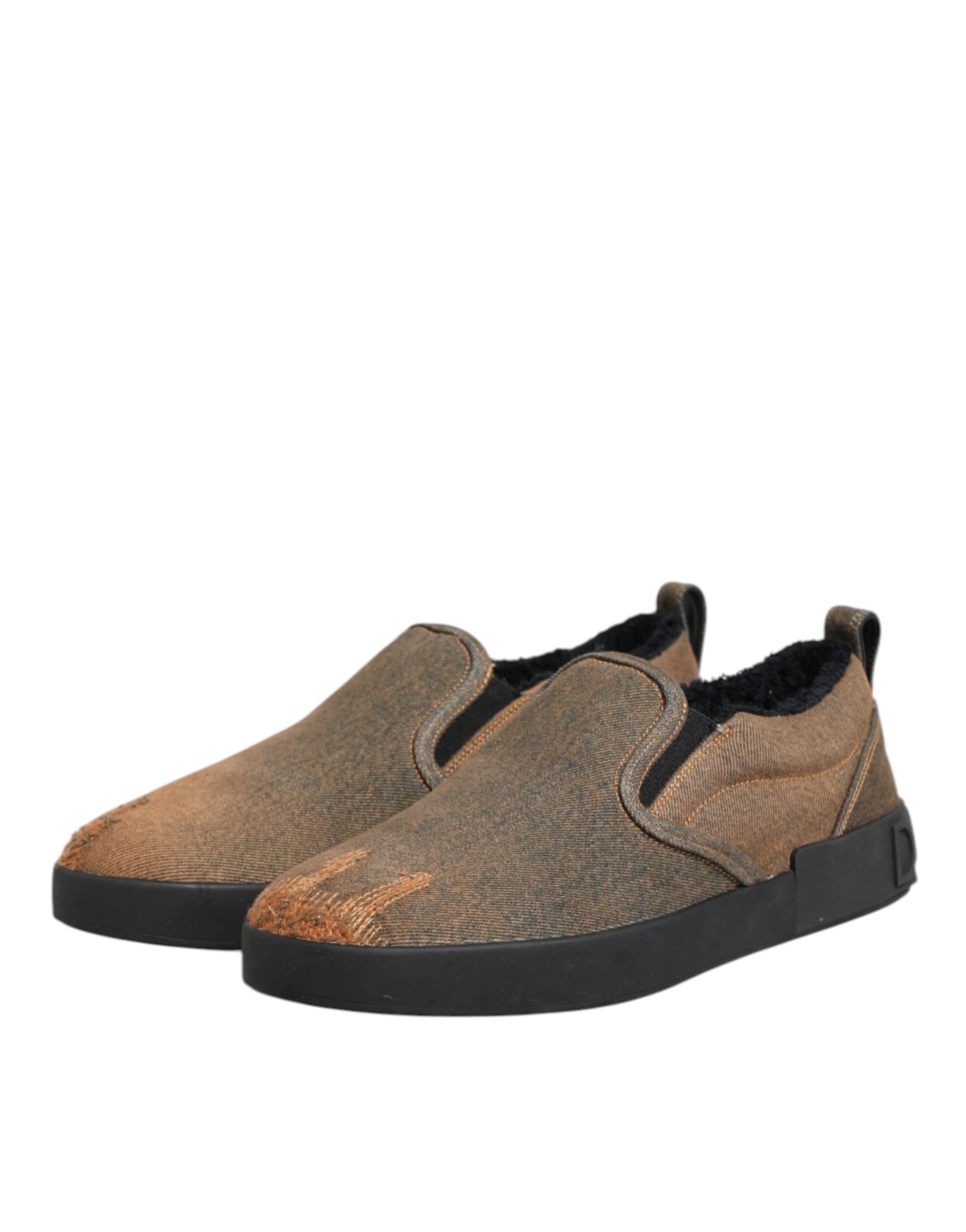 Dolce & Gabbana Brown Cotton Low Top Slip On Sneakers Shoes - 3