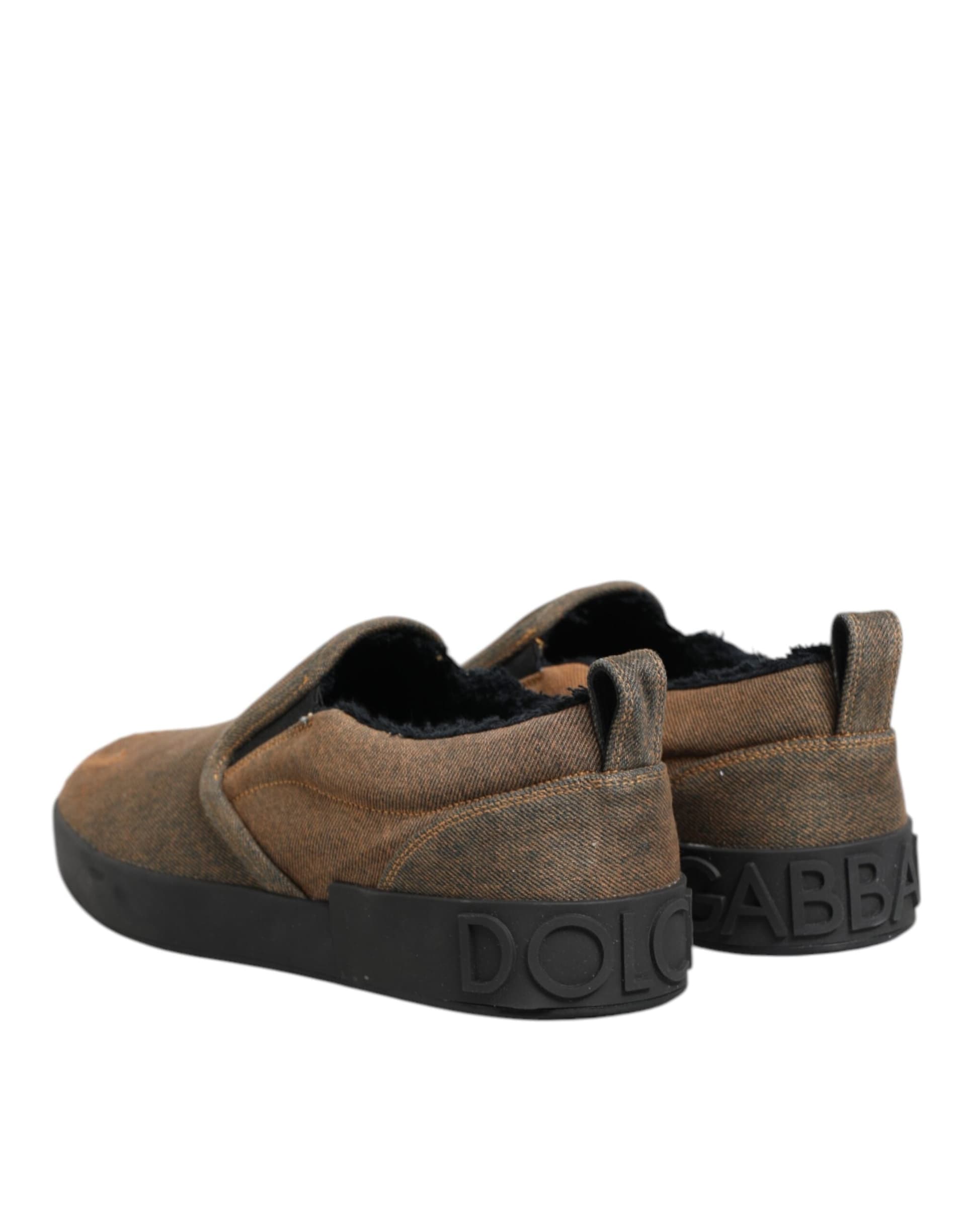 Dolce & Gabbana Brown Cotton Low Top Slip On Sneakers Shoes - 4
