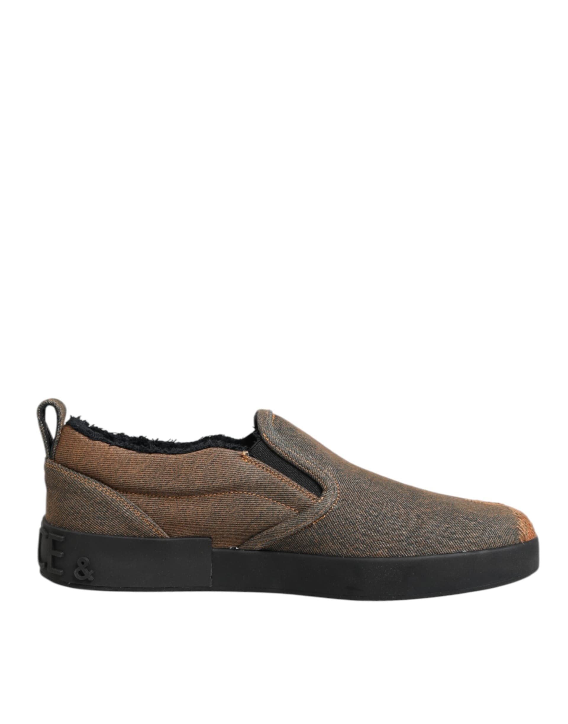 Dolce & Gabbana Brown Cotton Low Top Slip On Sneakers Shoes - 6