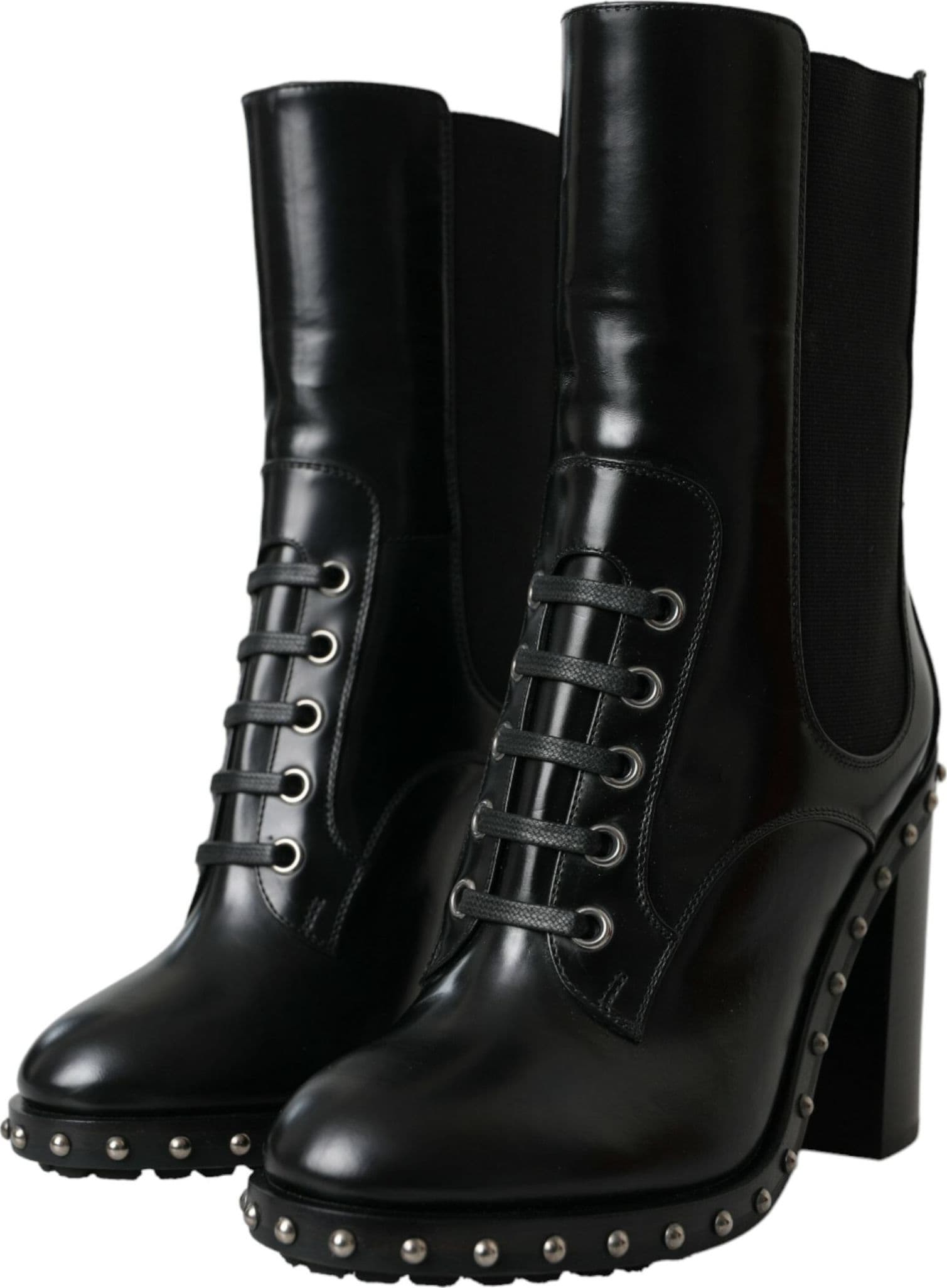 Dolce & Gabbana Black Leather Studded Lace Up Boots Shoes - 2