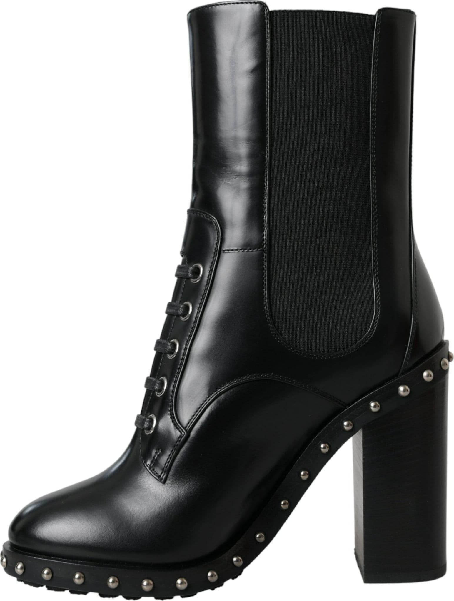 Dolce & Gabbana Black Leather Studded Lace Up Boots Shoes - 4