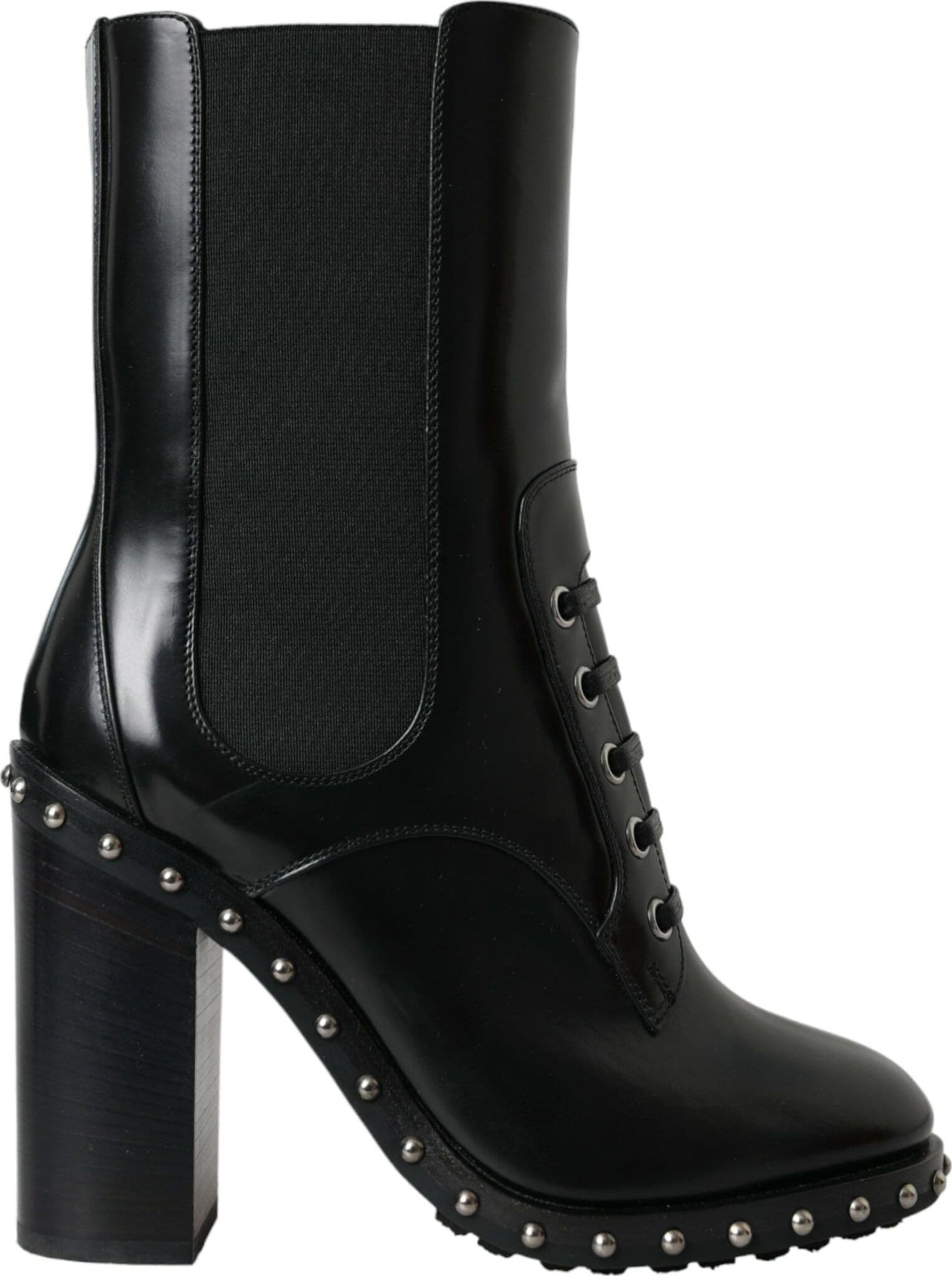 Dolce & Gabbana Black Leather Studded Lace Up Boots Shoes - 5