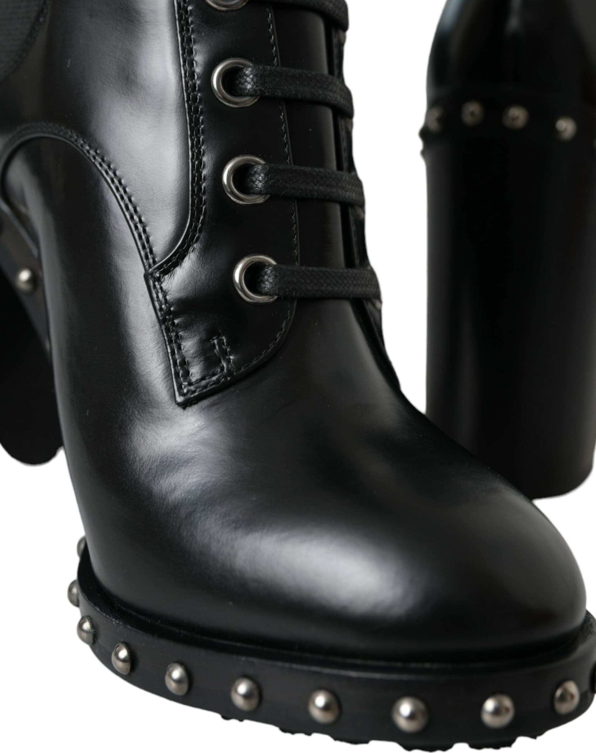 Dolce & Gabbana Black Leather Studded Lace Up Boots Shoes - 7