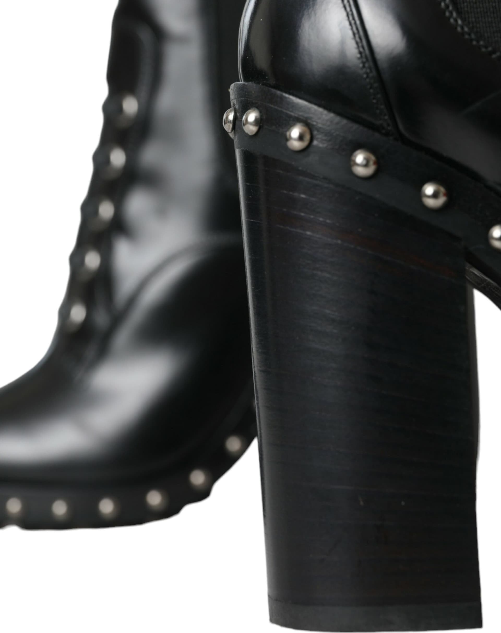 Dolce & Gabbana Black Leather Studded Lace Up Boots Shoes - 8