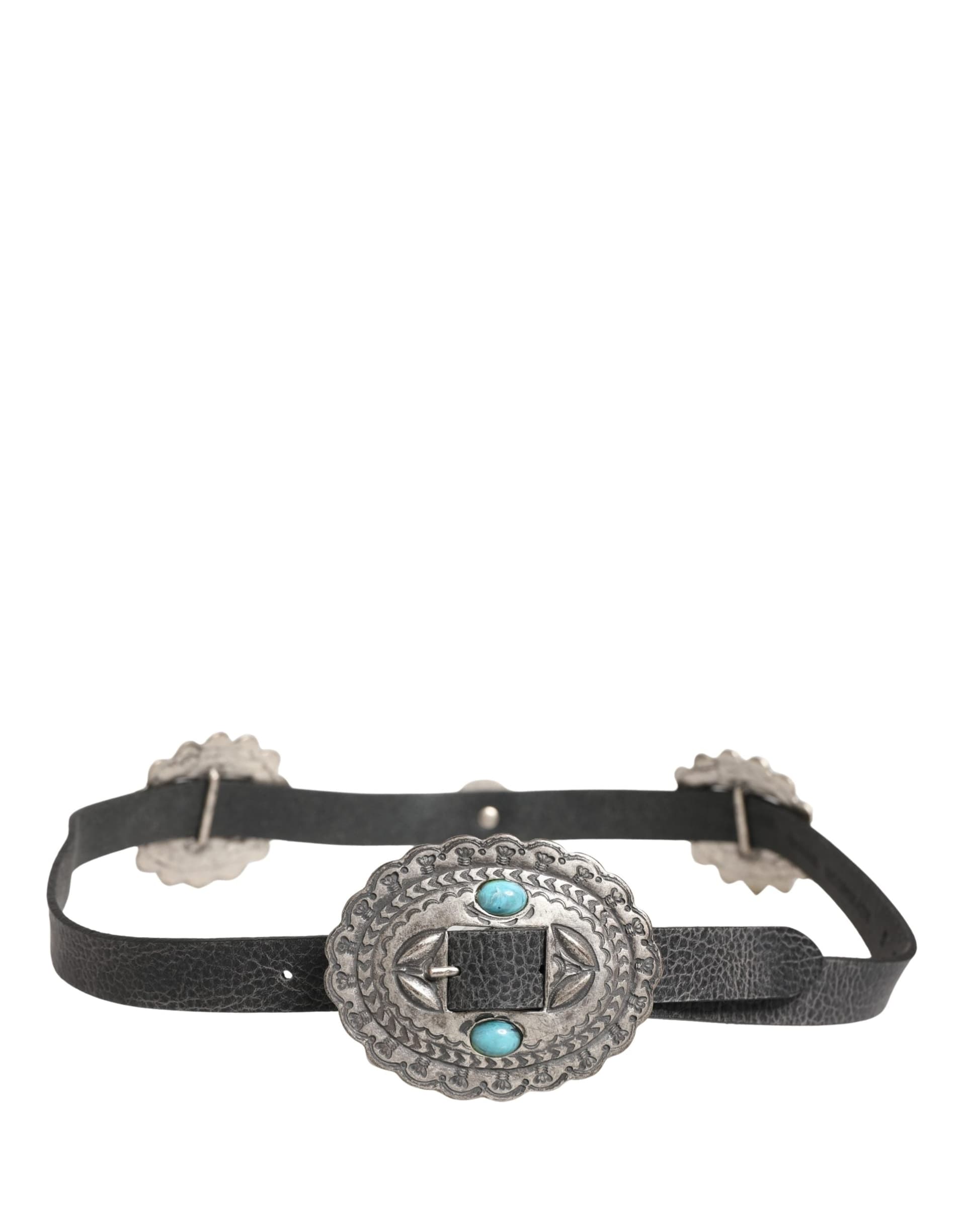 Cavalli Class Black Turquoise Leather Embellished Oval Buckle Belt - 2