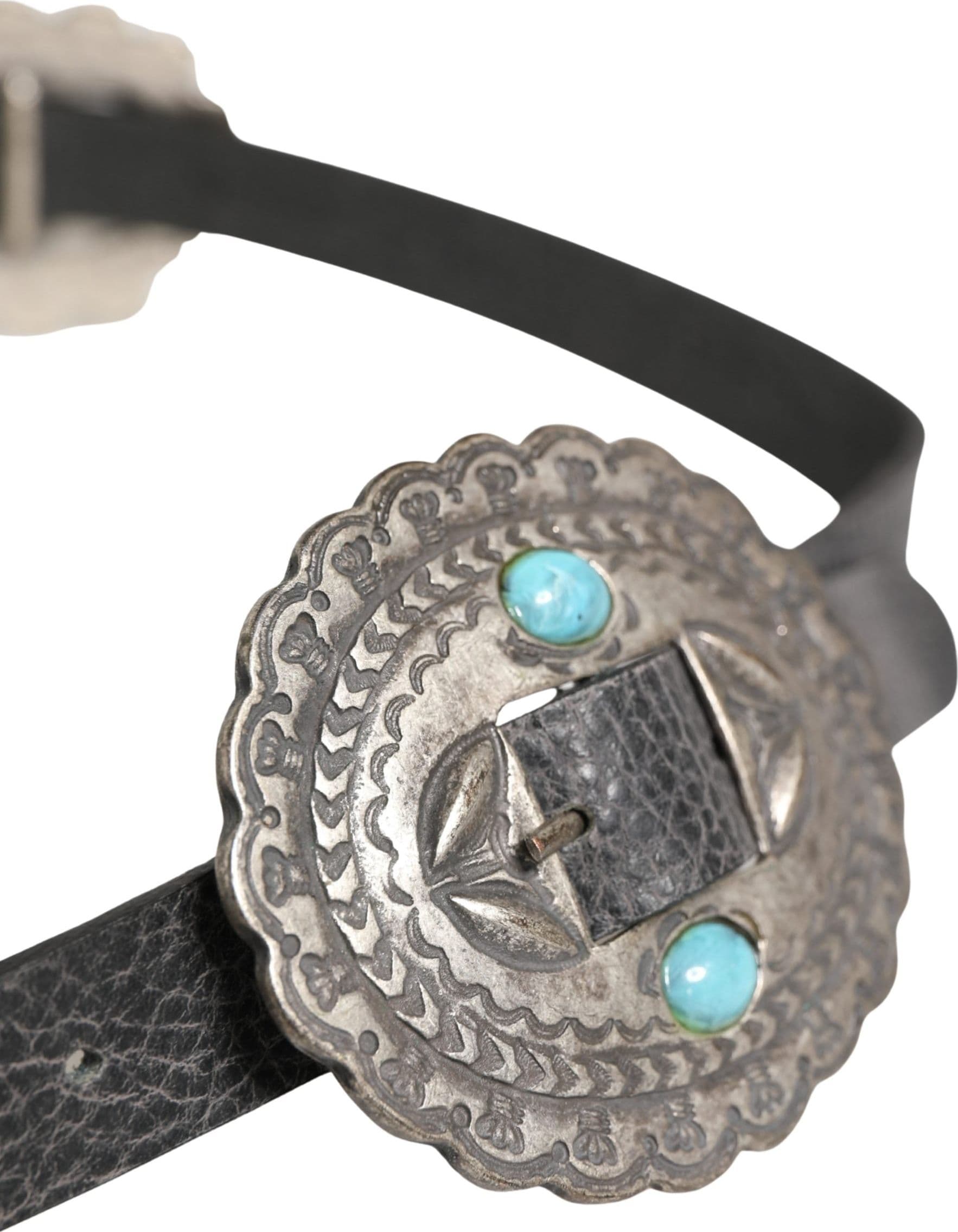 Cavalli Class Black Turquoise Leather Embellished Oval Buckle Belt - 3
