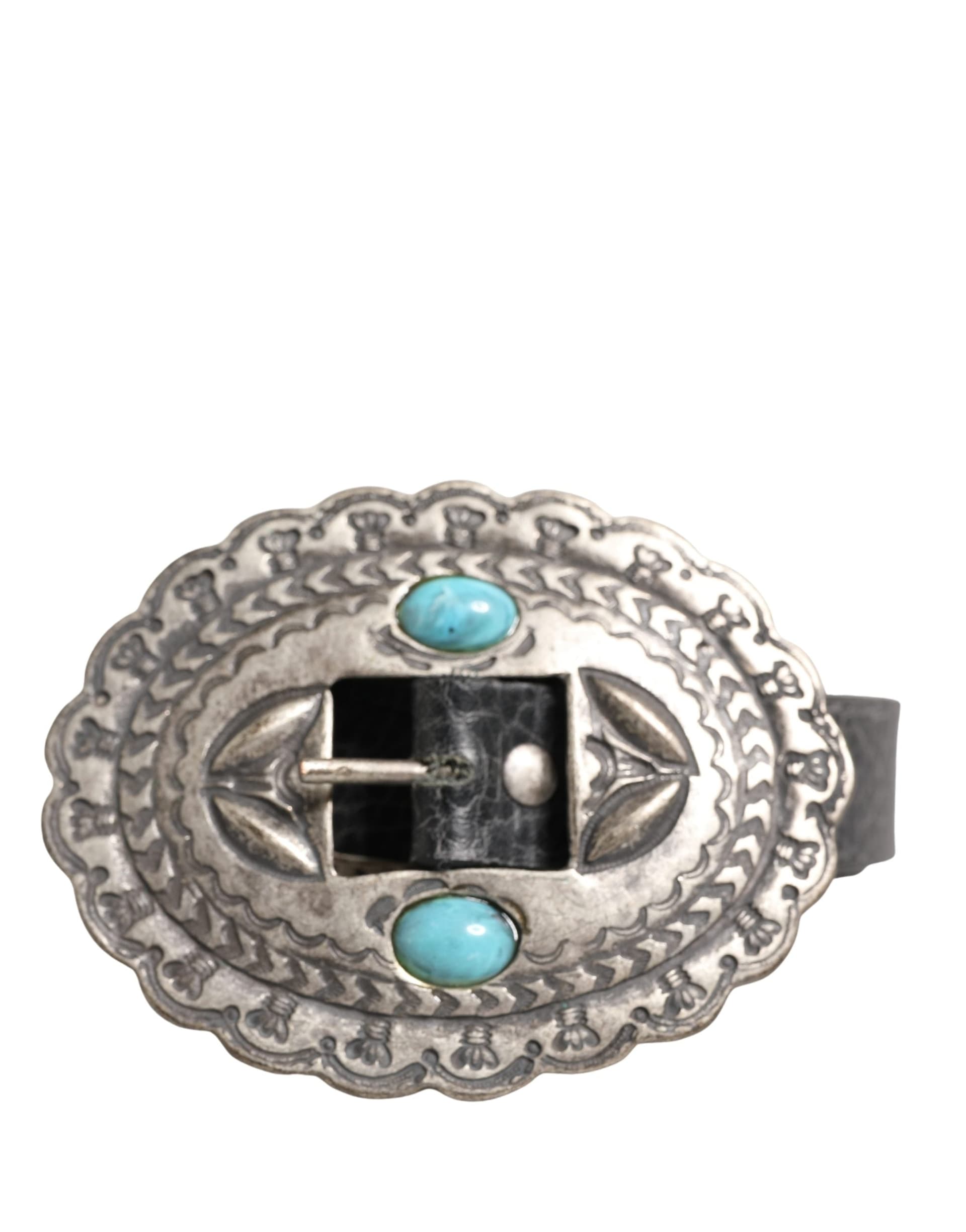 Cavalli Class Black Turquoise Leather Embellished Oval Buckle Belt - 7