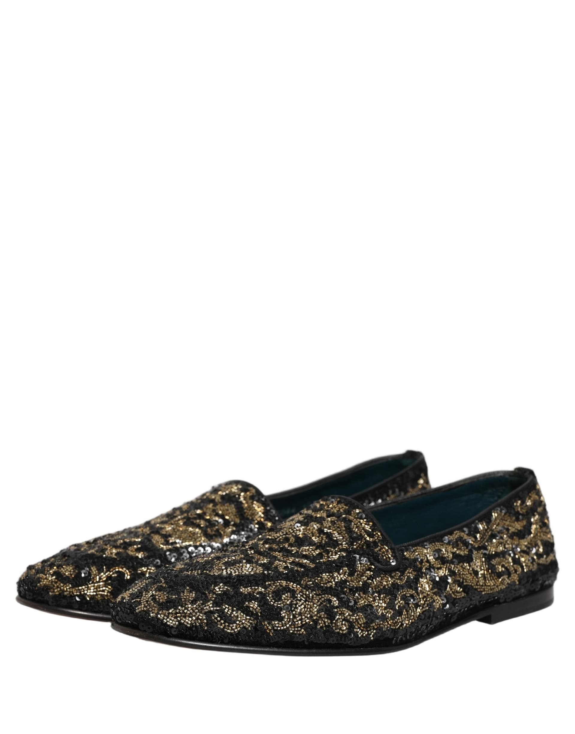 Dolce & Gabbana Black Gold Embellished Dress Loafers Shoes - 4