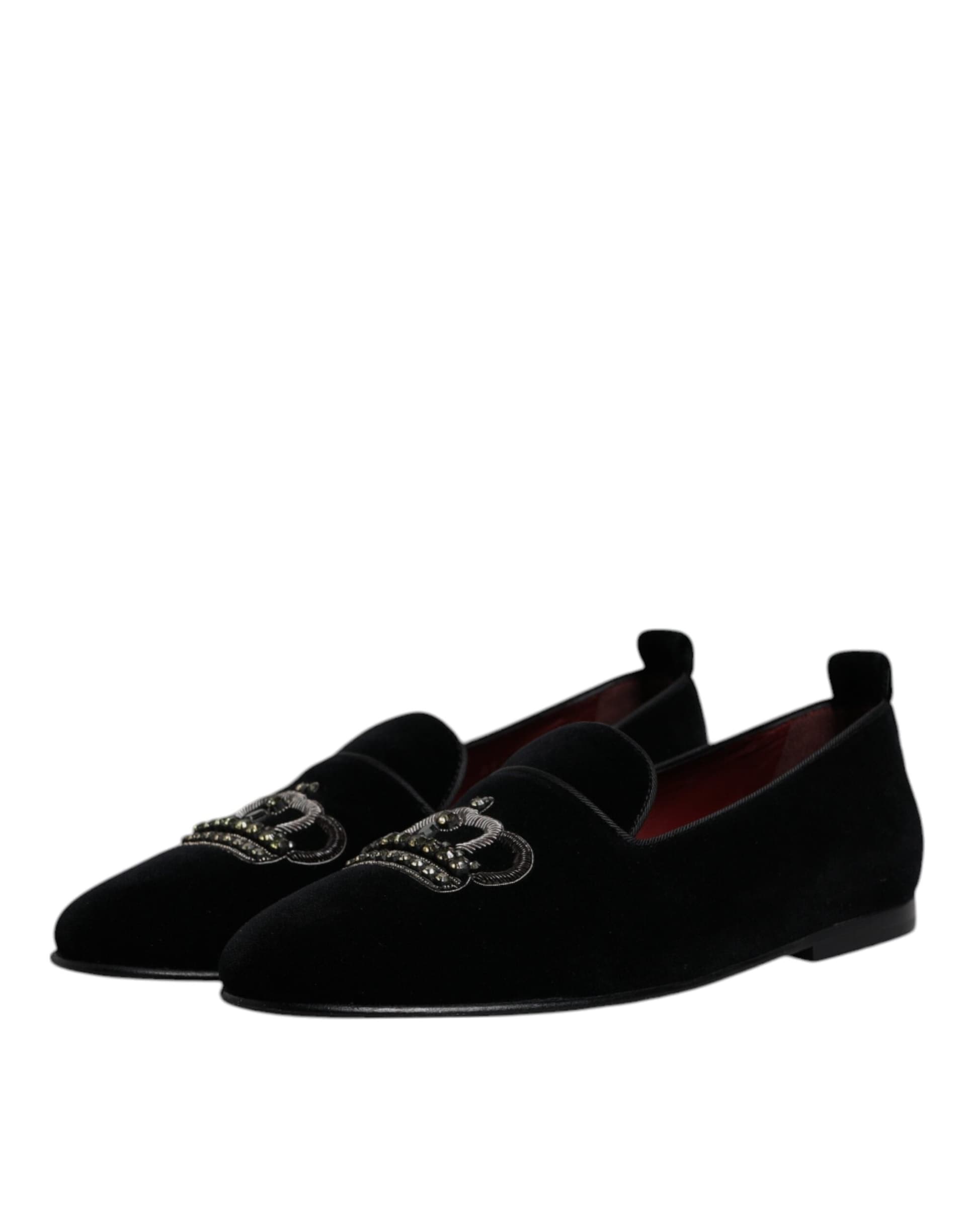 Dolce & Gabbana Black Velvet Crystal Crown Loafers Formal Dress Shoes - 3