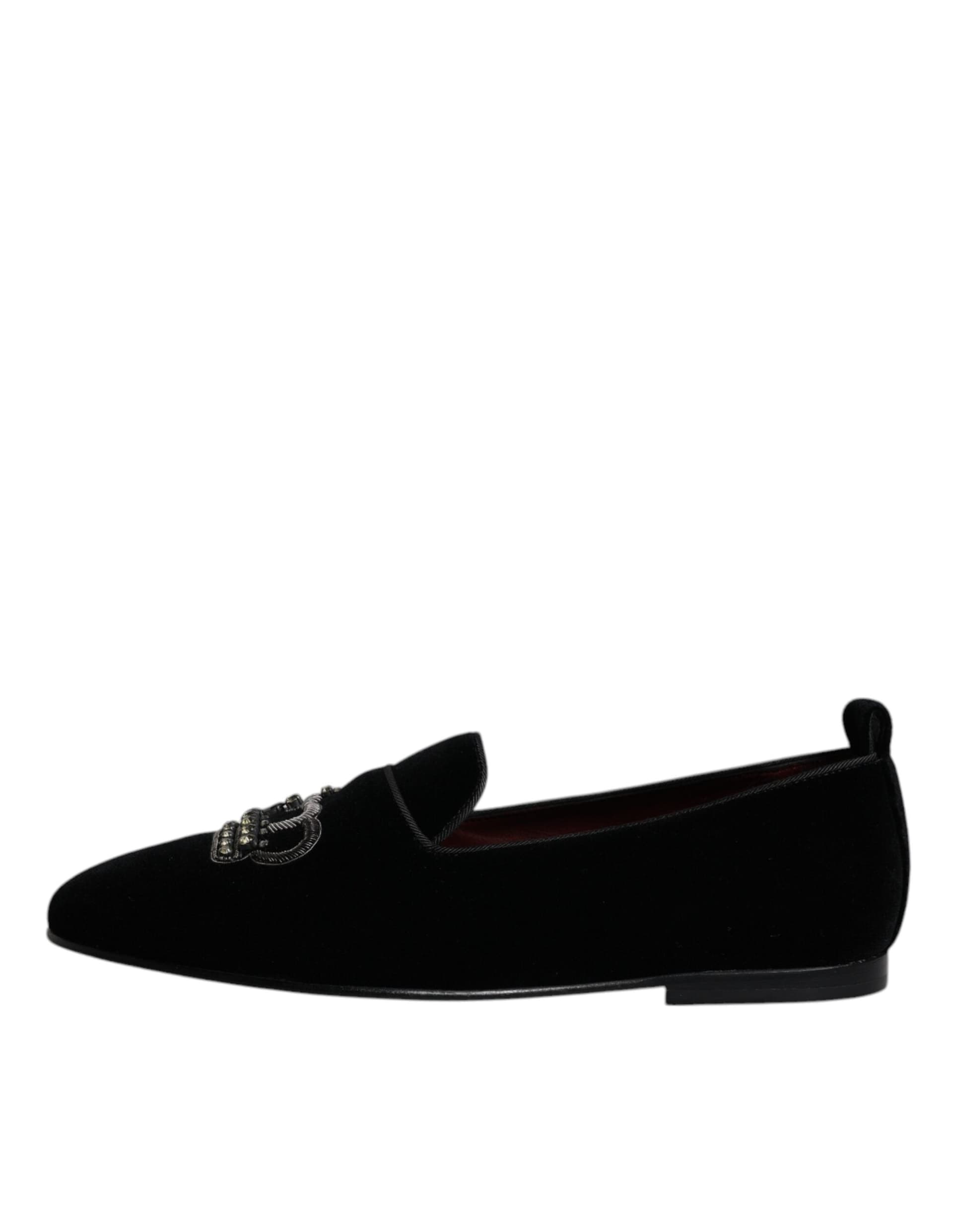 Dolce & Gabbana Black Velvet Crystal Crown Loafers Formal Dress Shoes - 5