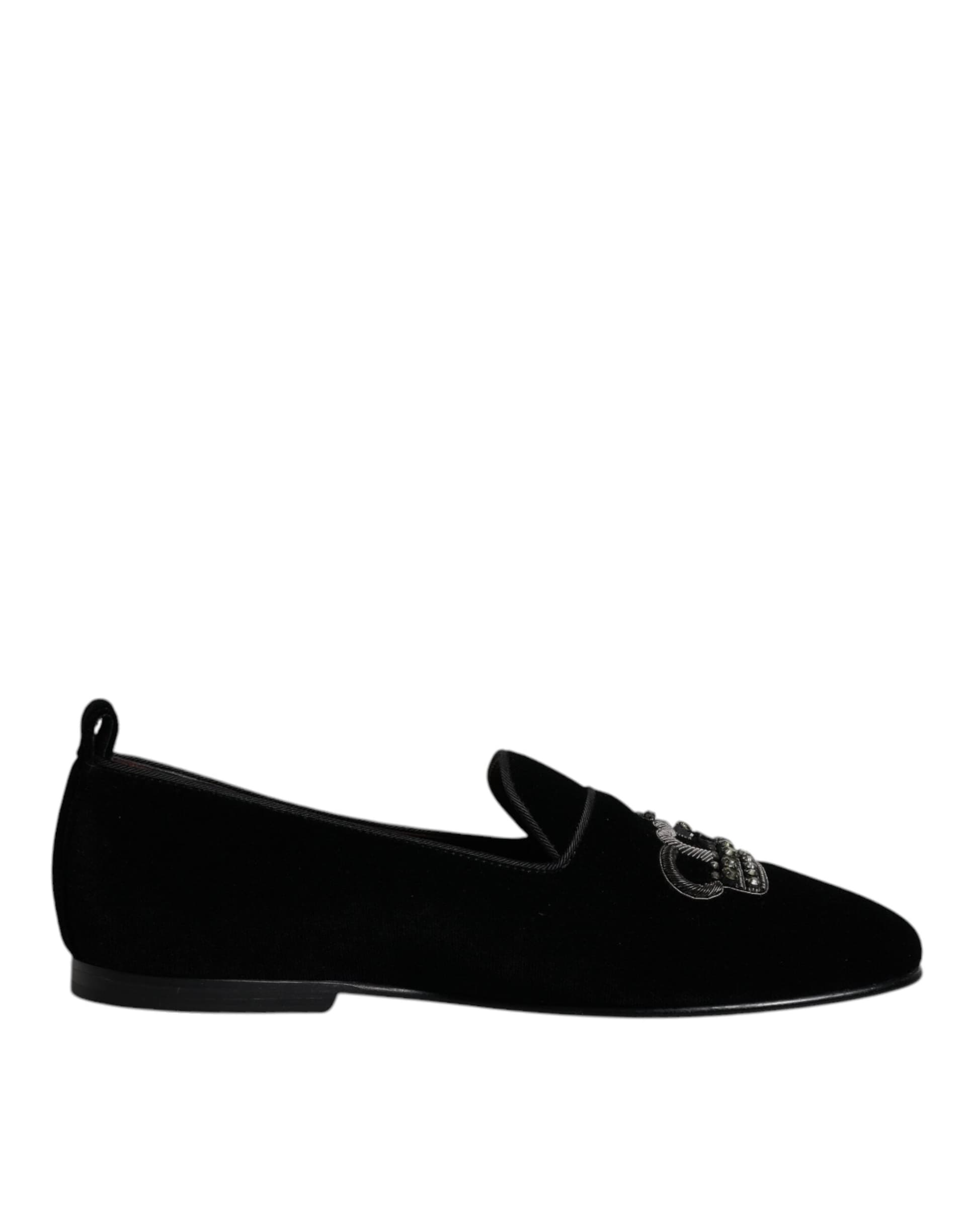 Dolce & Gabbana Black Velvet Crystal Crown Loafers Formal Dress Shoes - 6