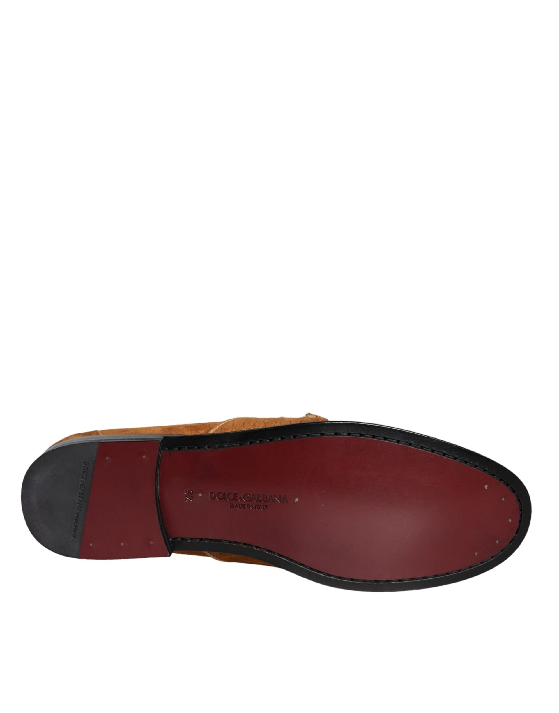Dolce & Gabbana Brown Velvet Leather Logo Mocassin Slip On Shoes - 6