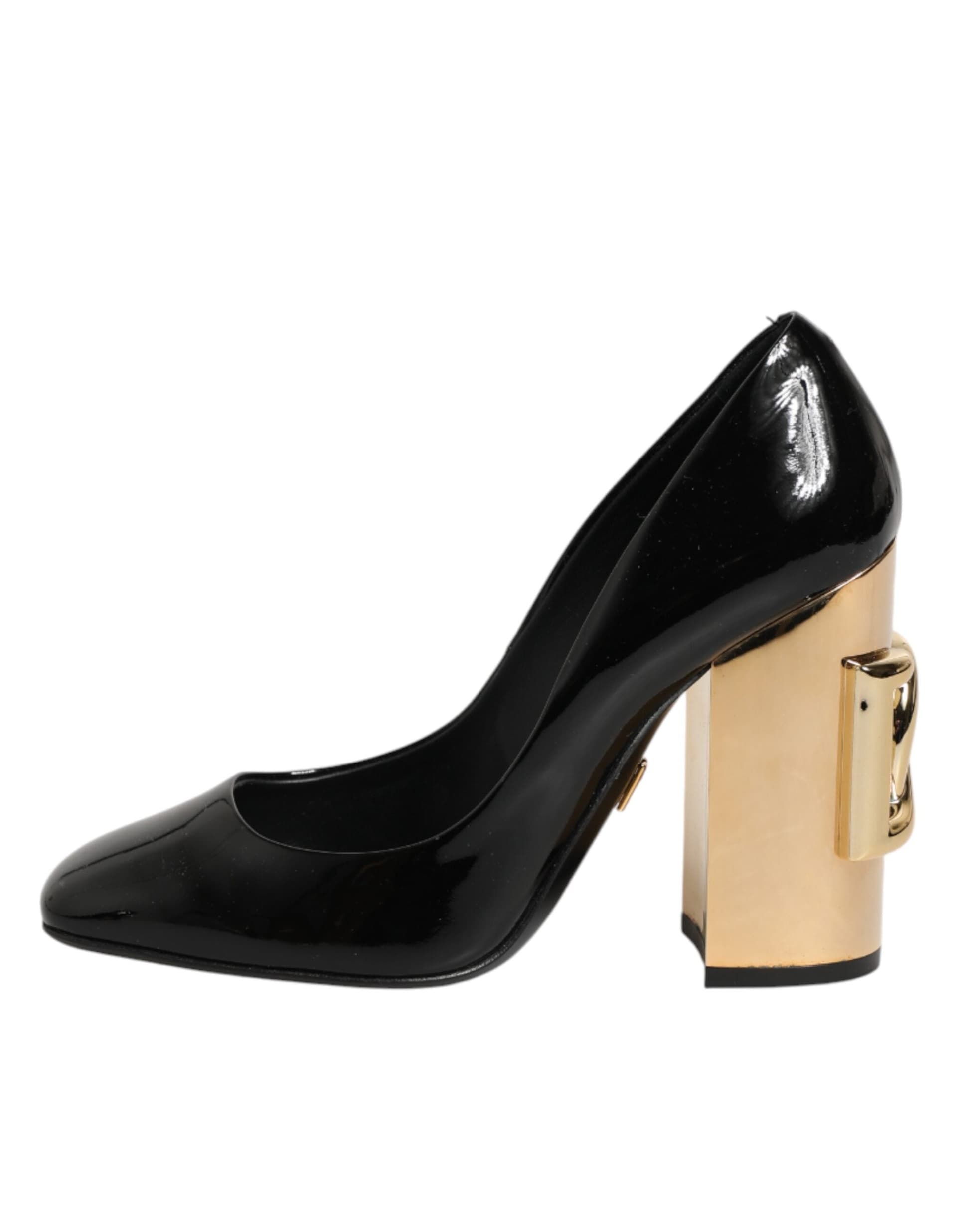 Dolce & Gabbana Black Gold Patent Leather Logo Heels Pumps Shoes - 5
