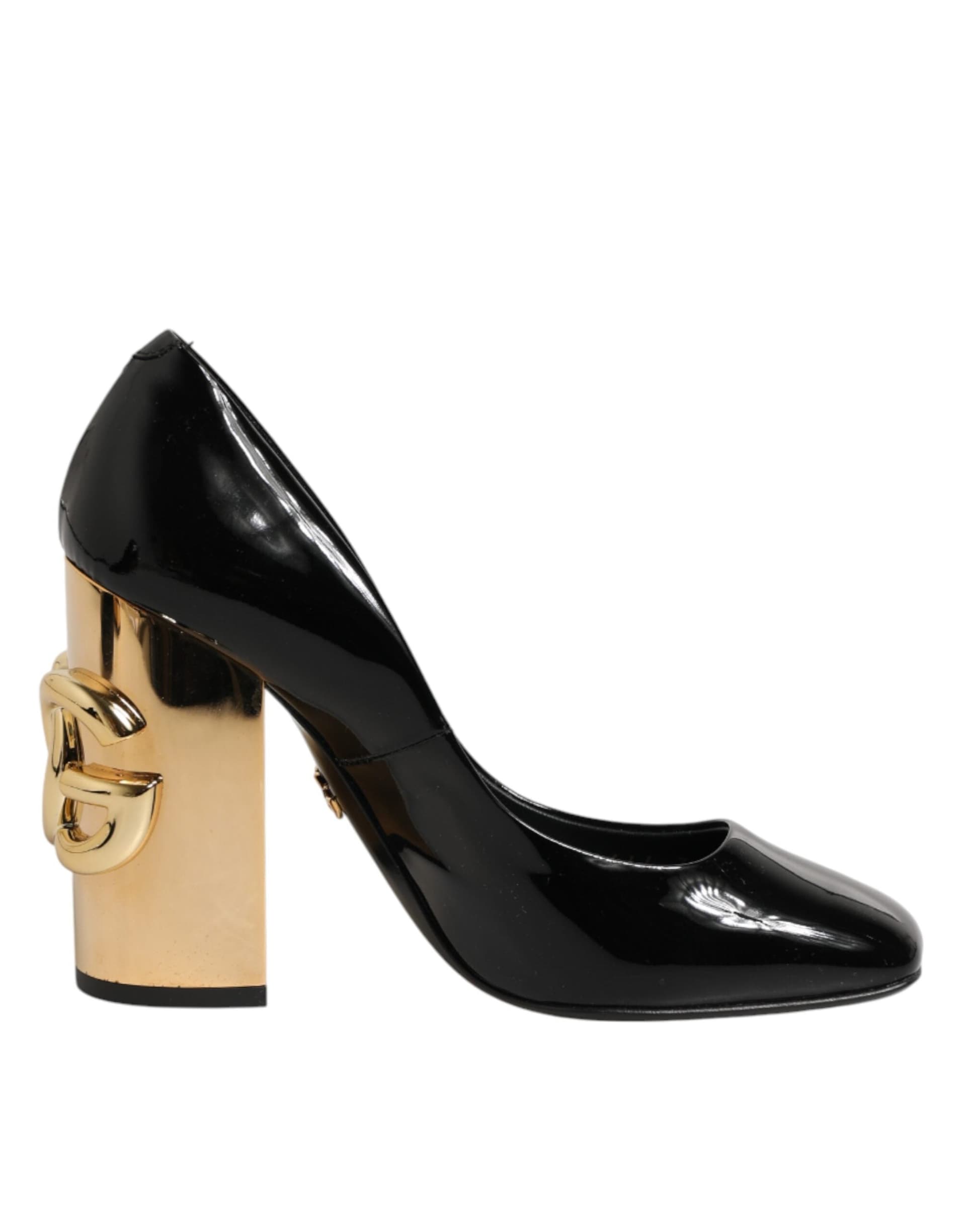 Dolce & Gabbana Black Gold Patent Leather Logo Heels Pumps Shoes - 6
