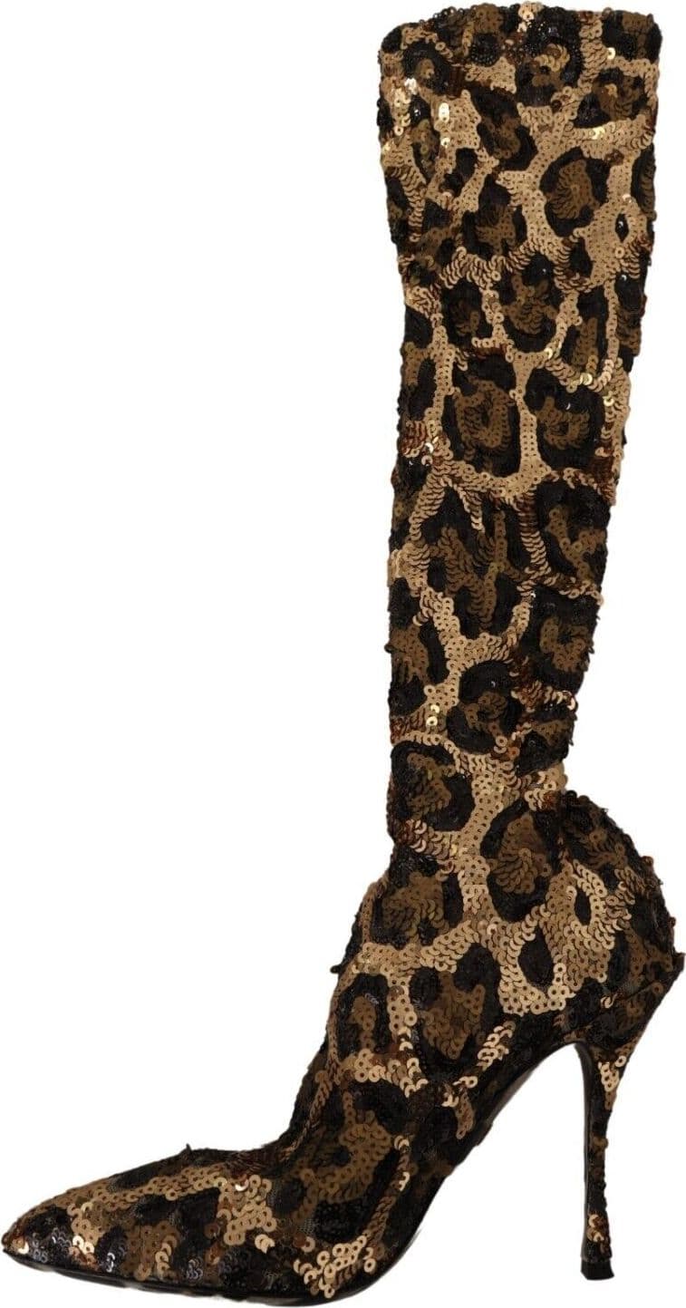 Dolce & Gabbana Gold Leopard Sequins Heels Boots Shoes - 7