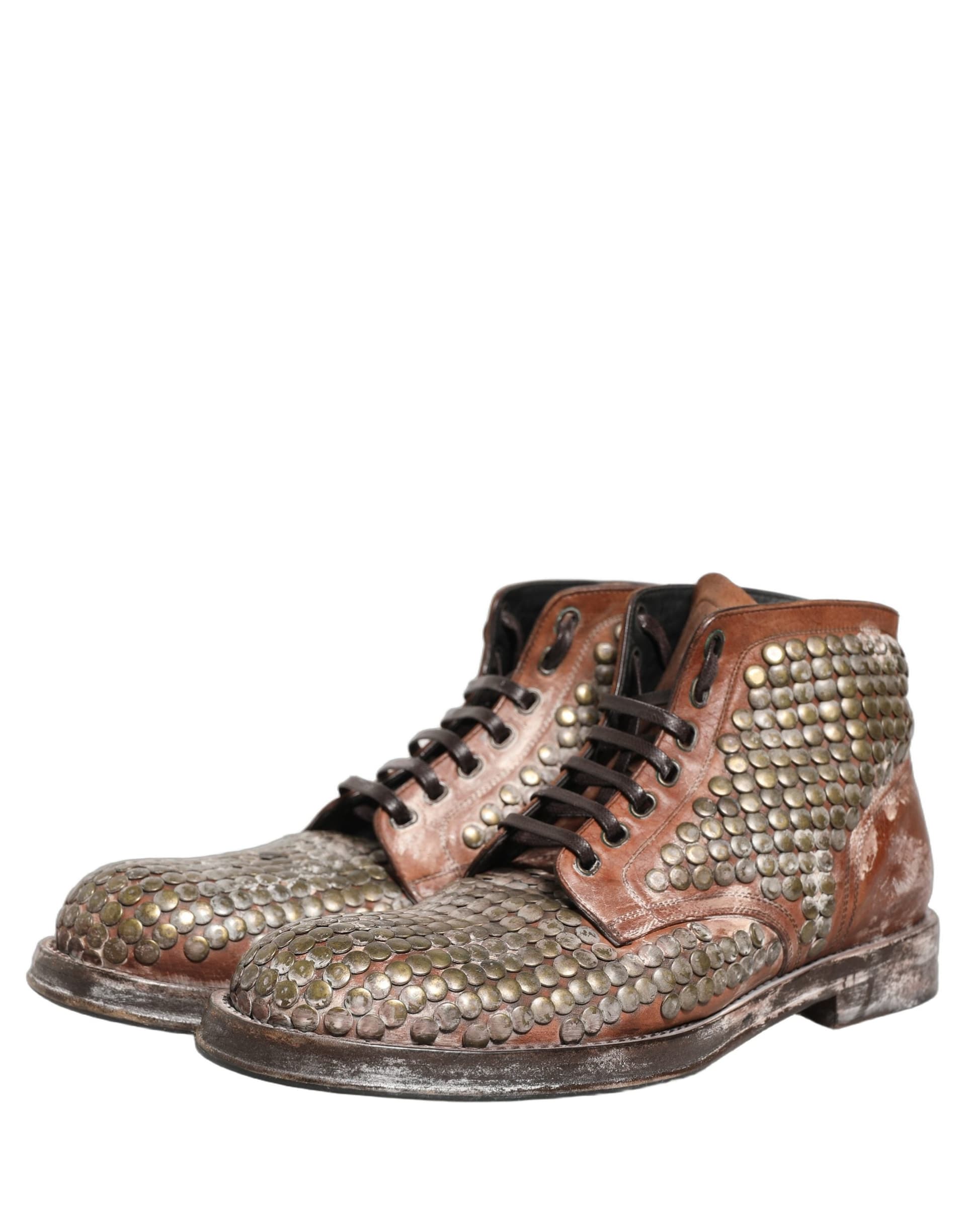 Dolce & Gabbana Brown Leather Runway Studs Ankle Boots Shoes - 3
