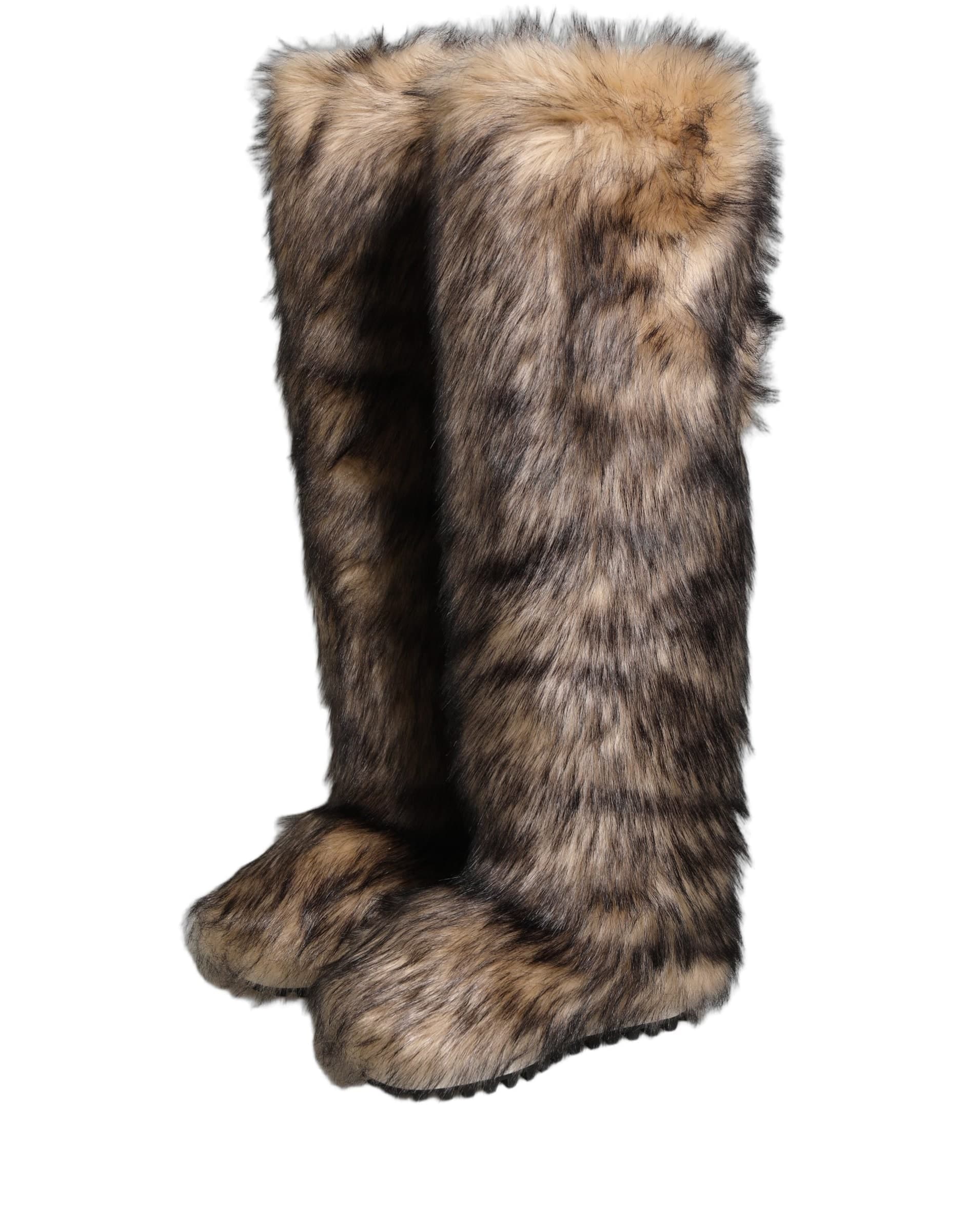 Dolce & Gabbana Brown Faux Skim Ski Fur Knee High Boots Shoes - 4