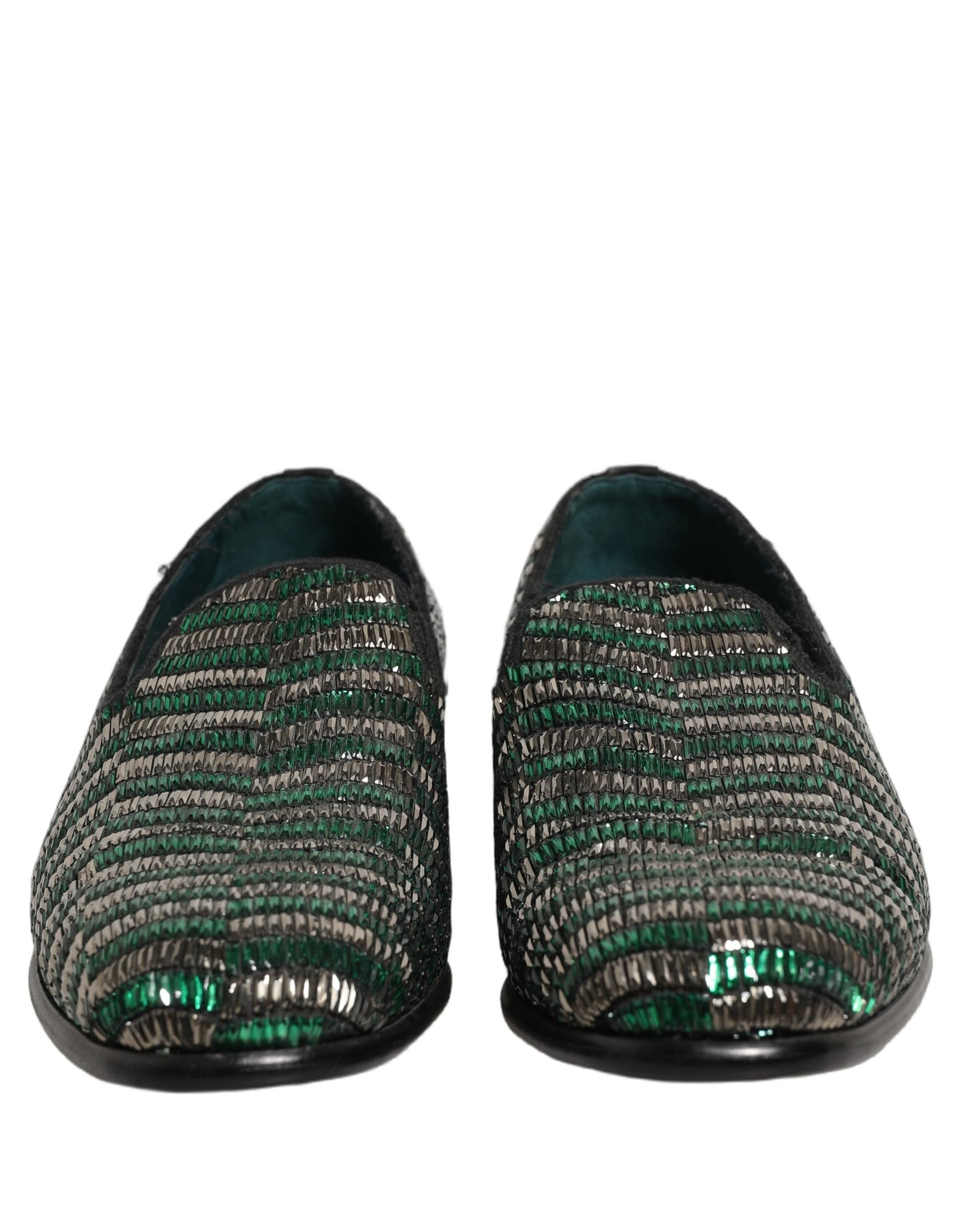 Dolce & Gabbana Silver Green Embellished Dress Loafers Shoes - 2