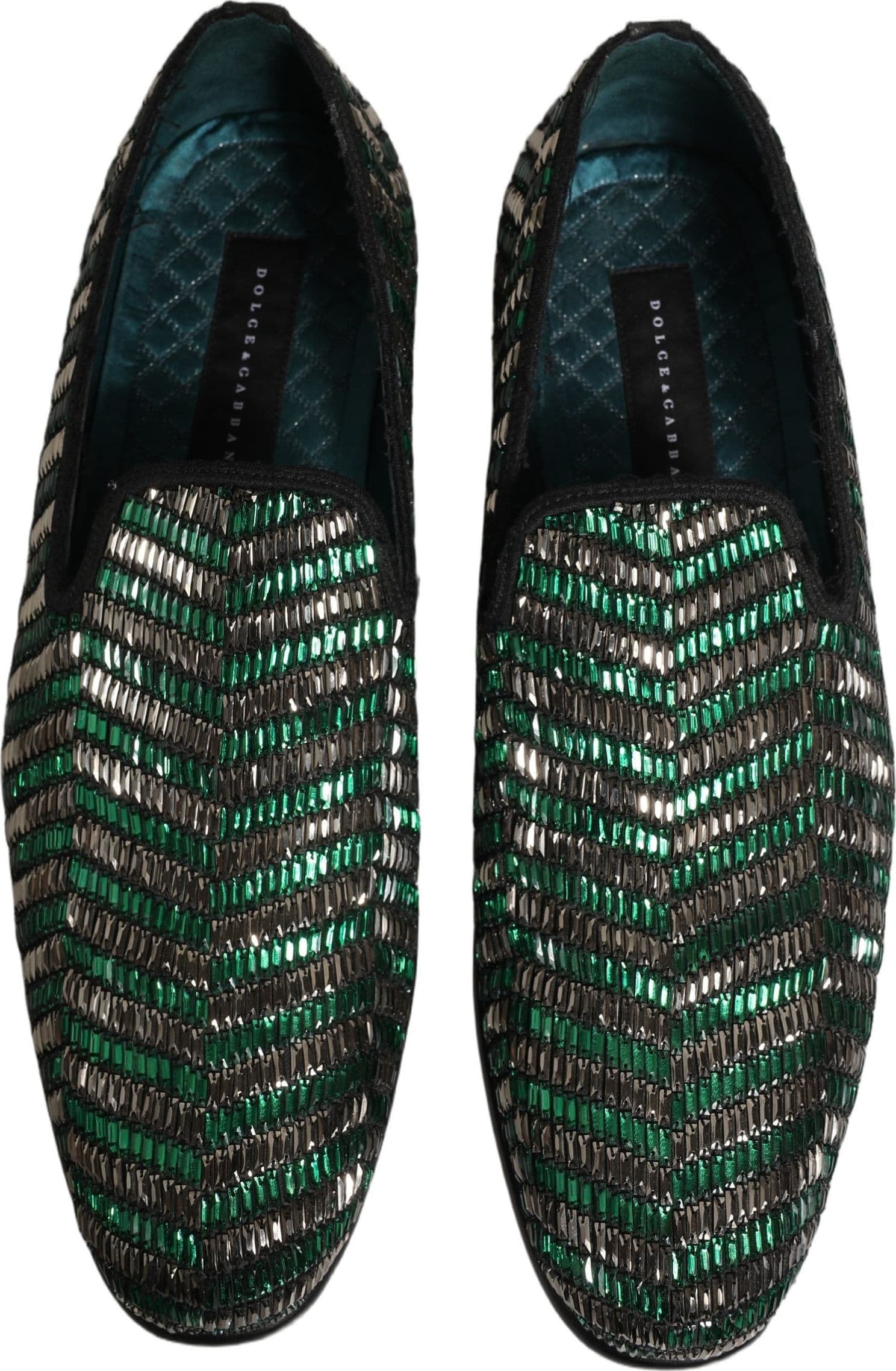 Dolce & Gabbana Silver Green Embellished Dress Loafers Shoes - 3