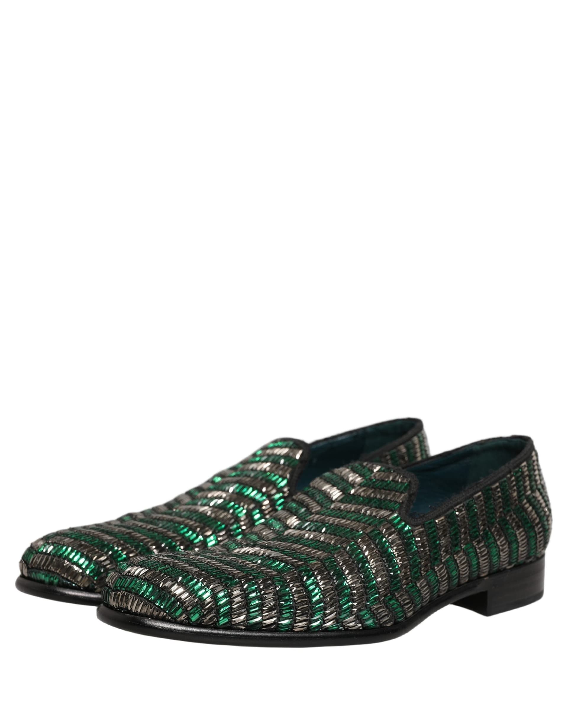 Dolce & Gabbana Silver Green Embellished Dress Loafers Shoes - 4