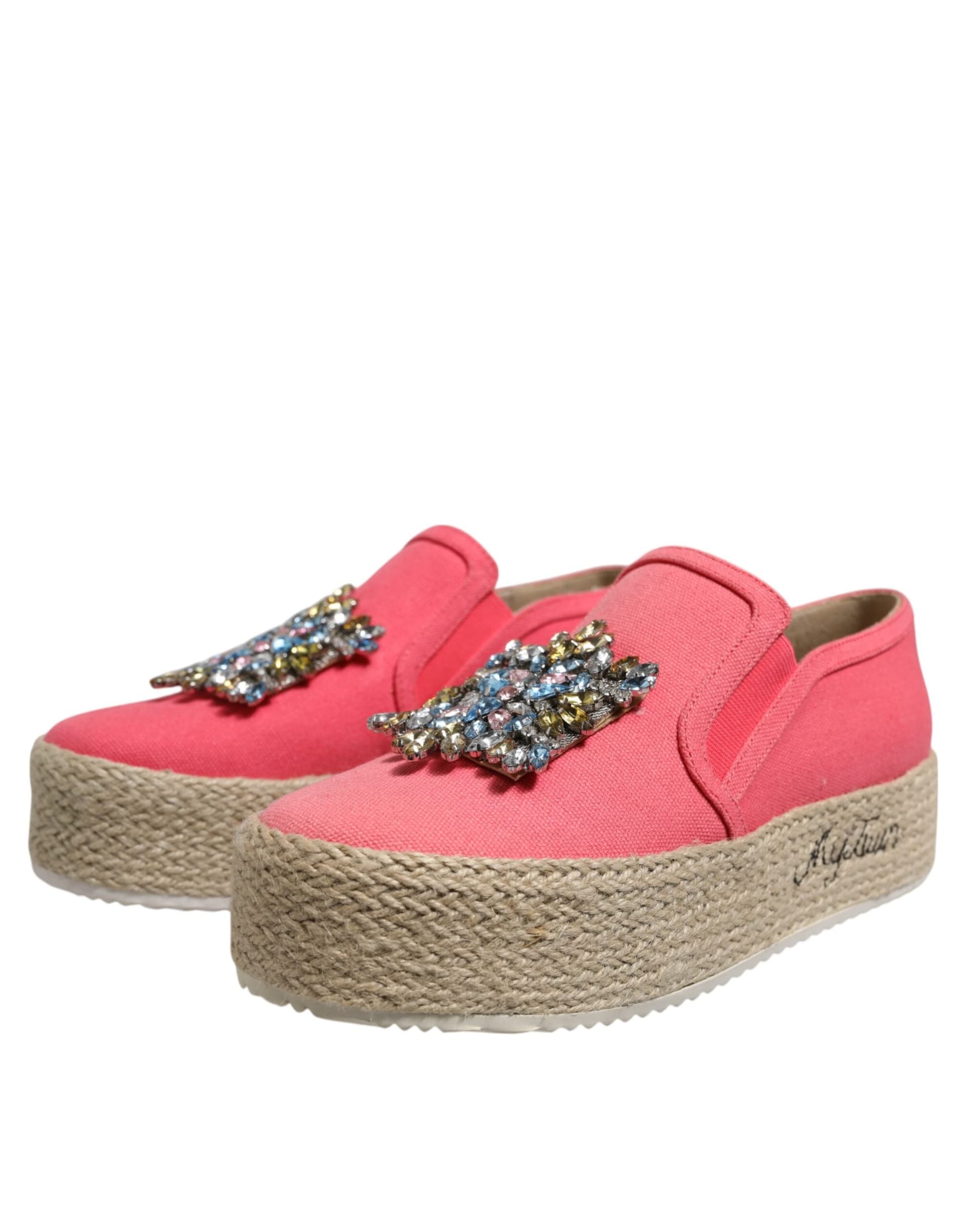 Twinset Pink Canvas Crystal Embellished Slip On Shoes - 2