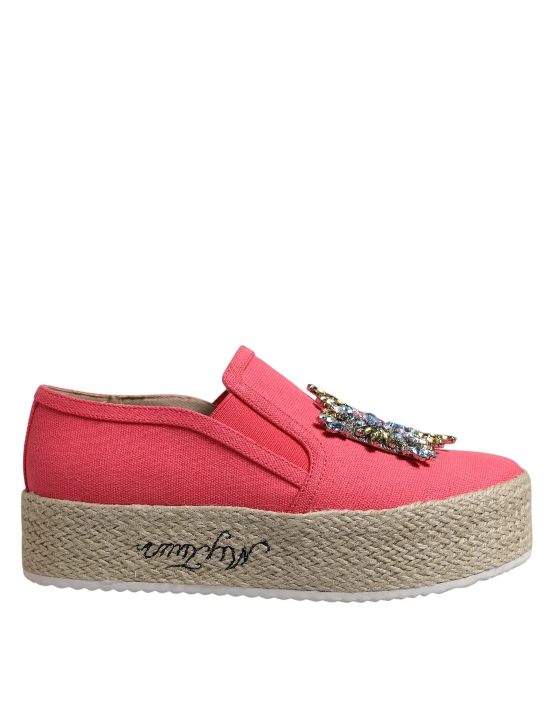 Twinset Pink Canvas Crystal Embellished Slip On Shoes - 5