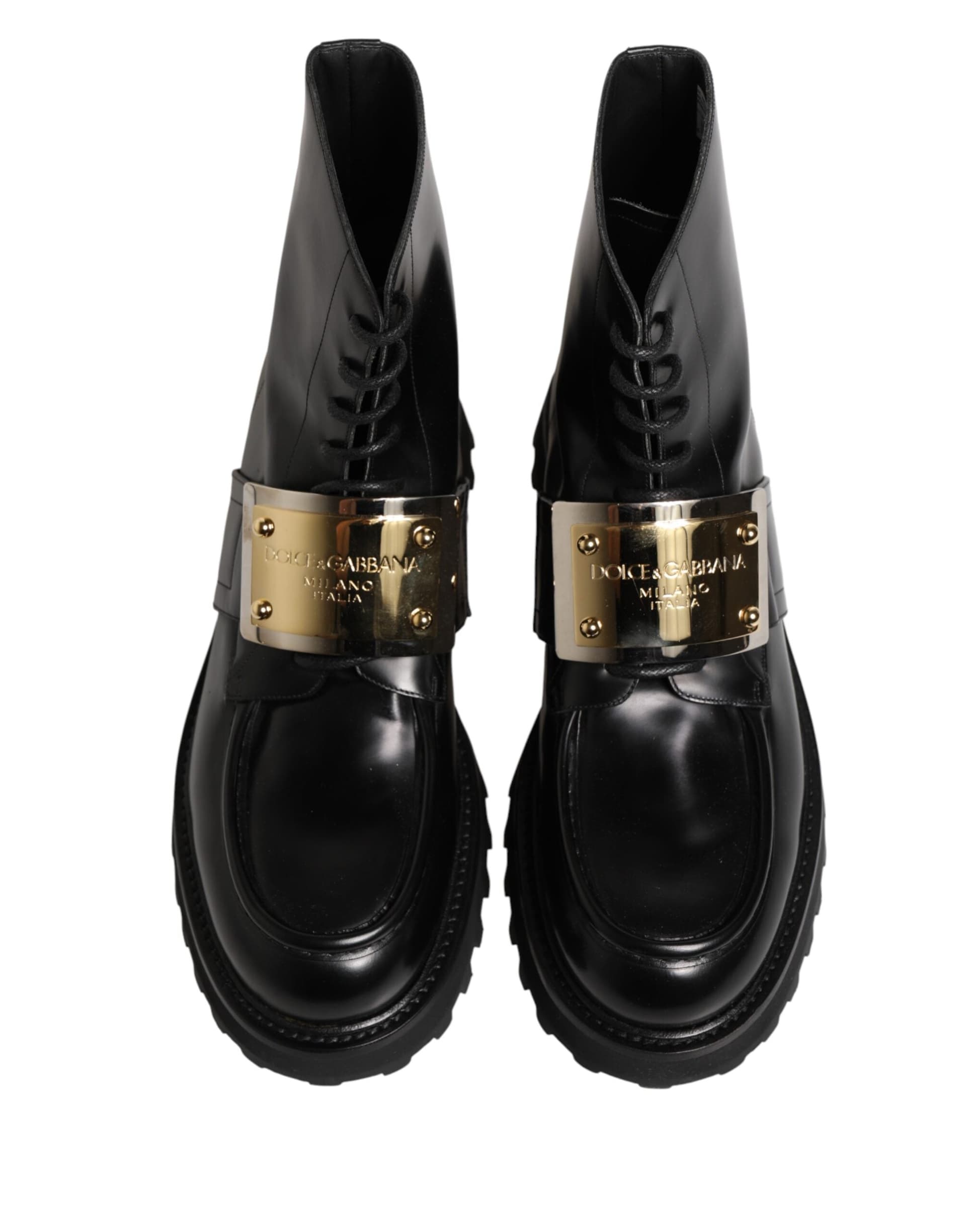Dolce & Gabbana Black Leather DG Plaque Lace Up Boots Shoes - 2