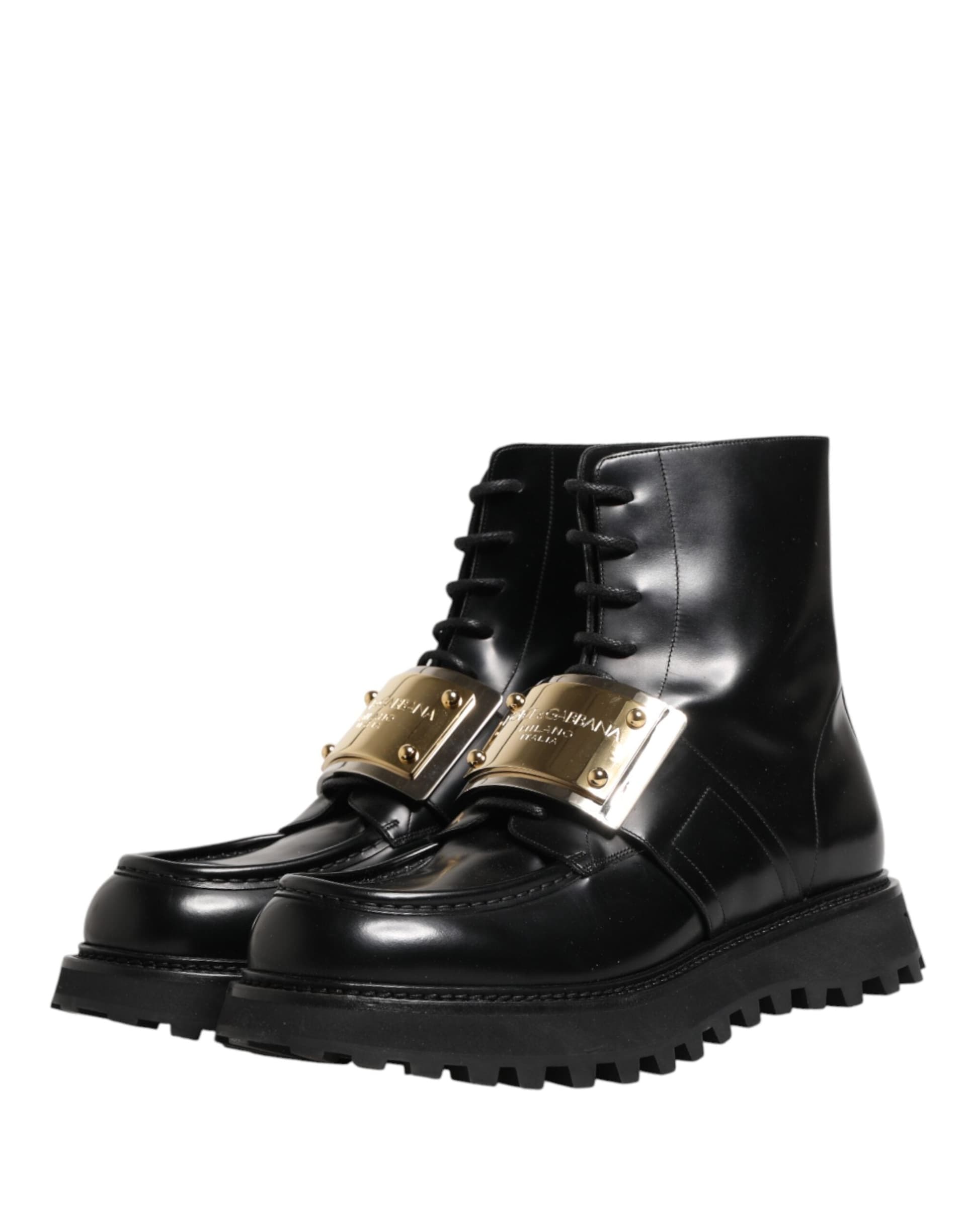 Dolce & Gabbana Black Leather DG Plaque Lace Up Boots Shoes - 3