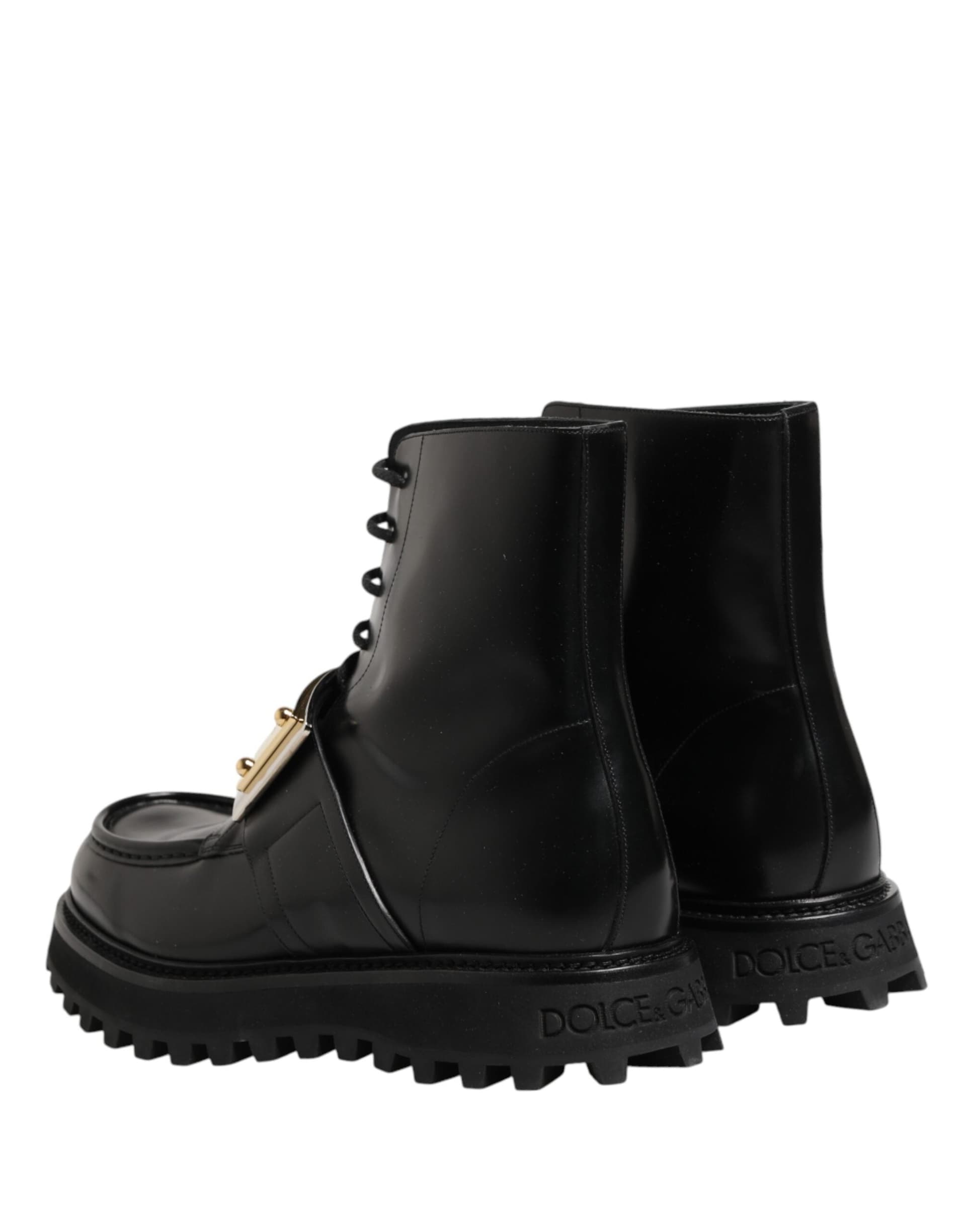 Dolce & Gabbana Black Leather DG Plaque Lace Up Boots Shoes - 4