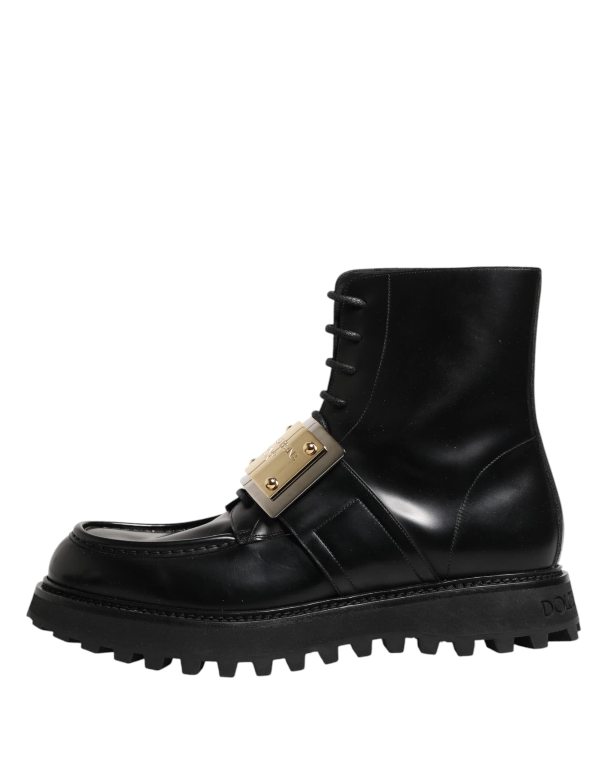 Dolce & Gabbana Black Leather DG Plaque Lace Up Boots Shoes - 5