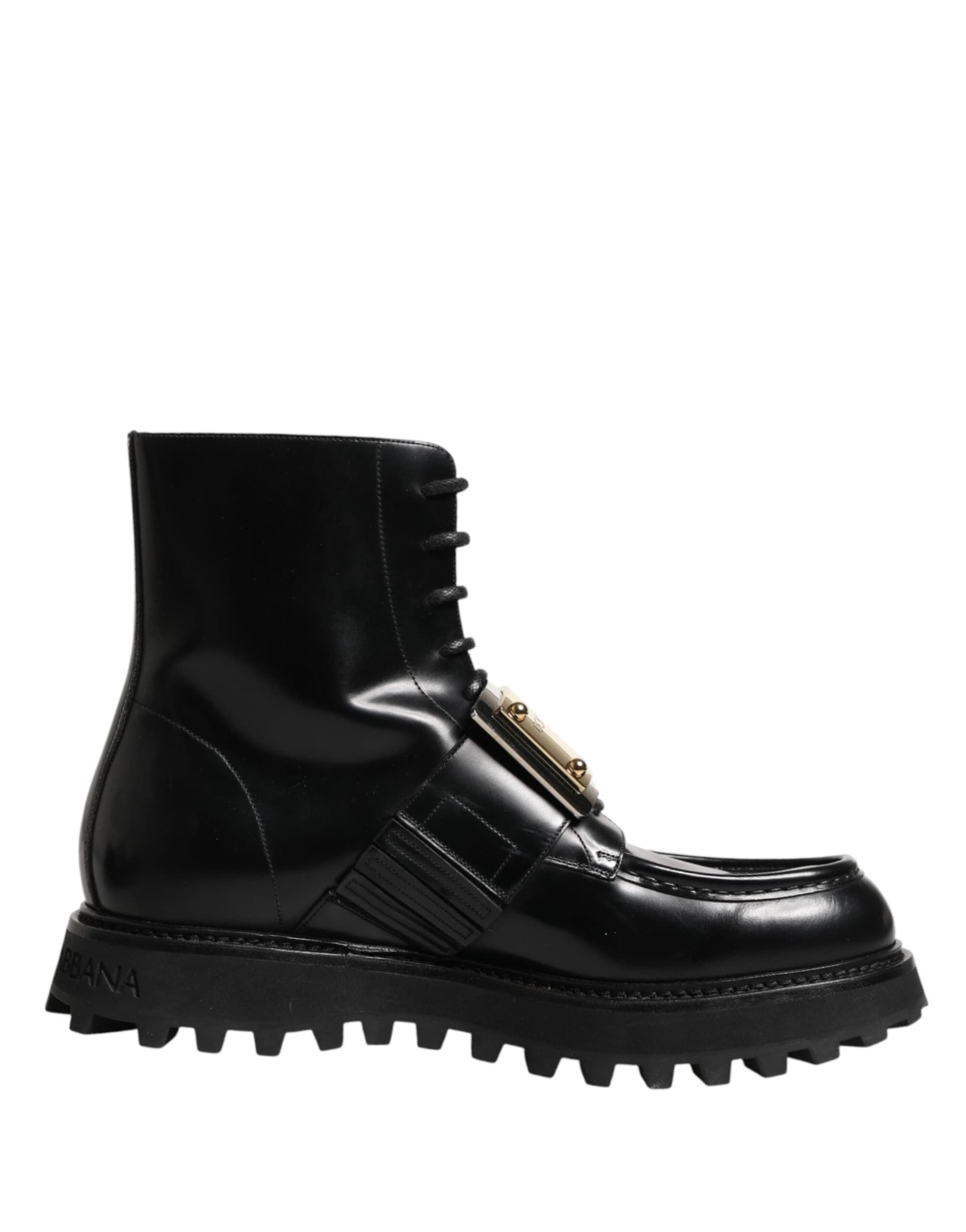 Dolce & Gabbana Black Leather DG Plaque Lace Up Boots Shoes - 7